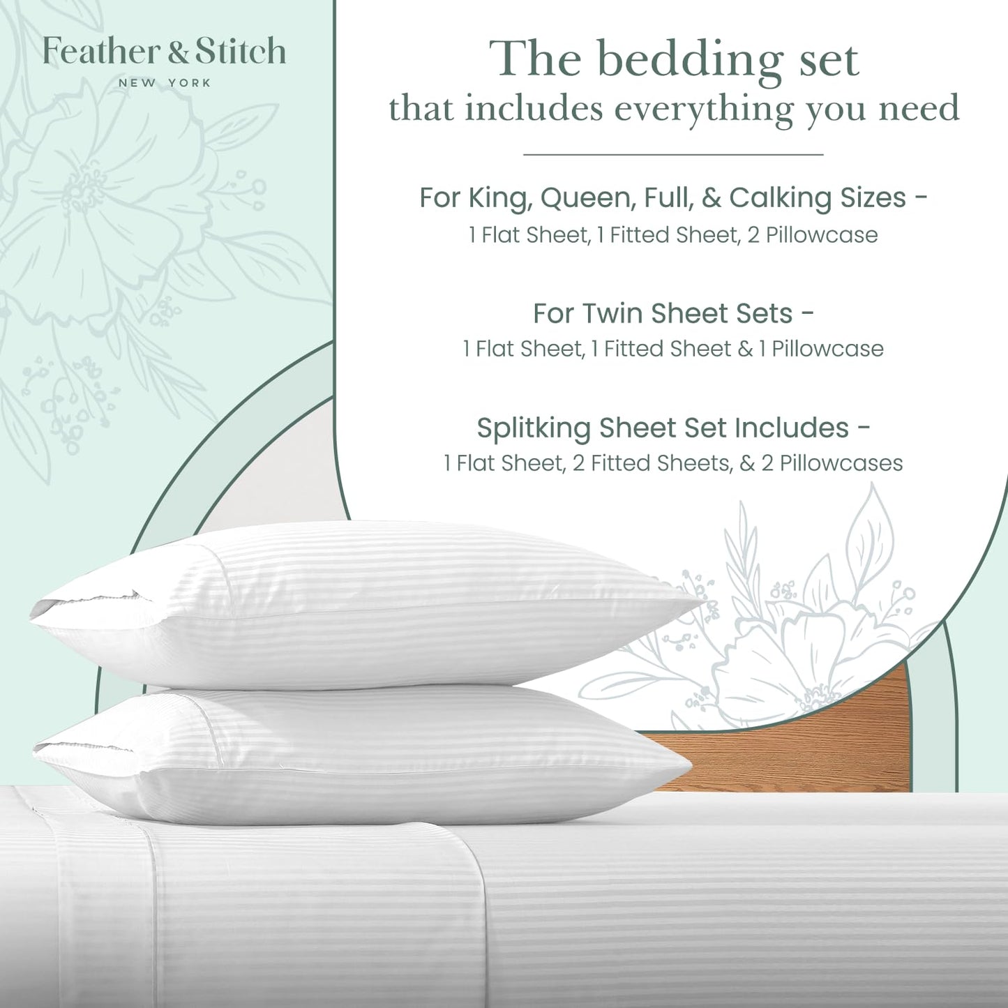 Feather & Stitch 500 TC King Size Damask Bed Sheet Set, 100% Cotton Soft Breathable Bedsheets, 4 Piece 18" Deep Pockets Sateen Weave Striped Bedding Mattress Resort Hotel Luxury- (Stripe White, King)