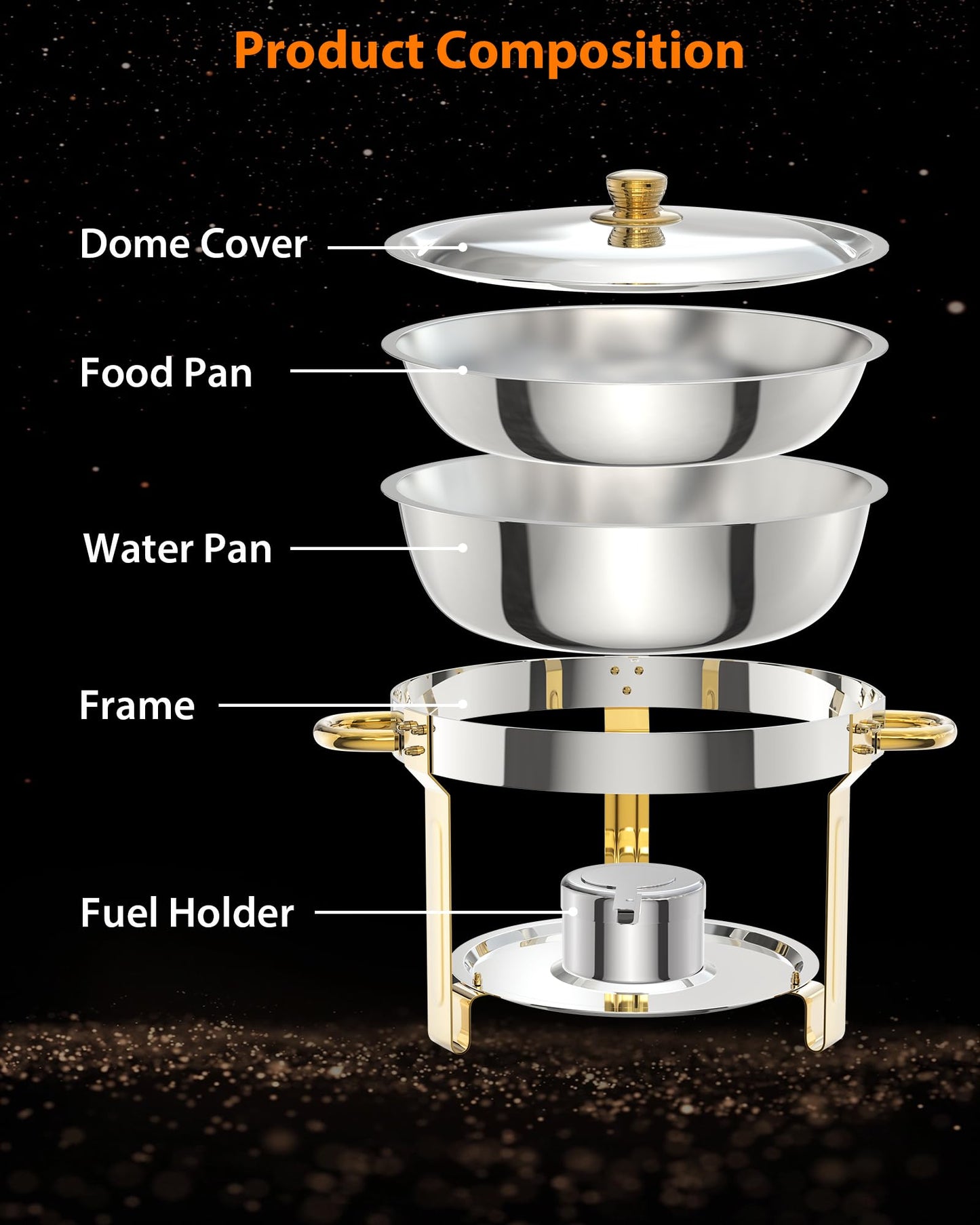 5QT 6 Packs Chafing Dish Buffet Set, NSF Round Stainless Steel Chafers and Warmers Food Servers Sets with Lid & Lid Holder, Spoon & Tweezer for Catering Events Parties Weddings Dinners, Gold