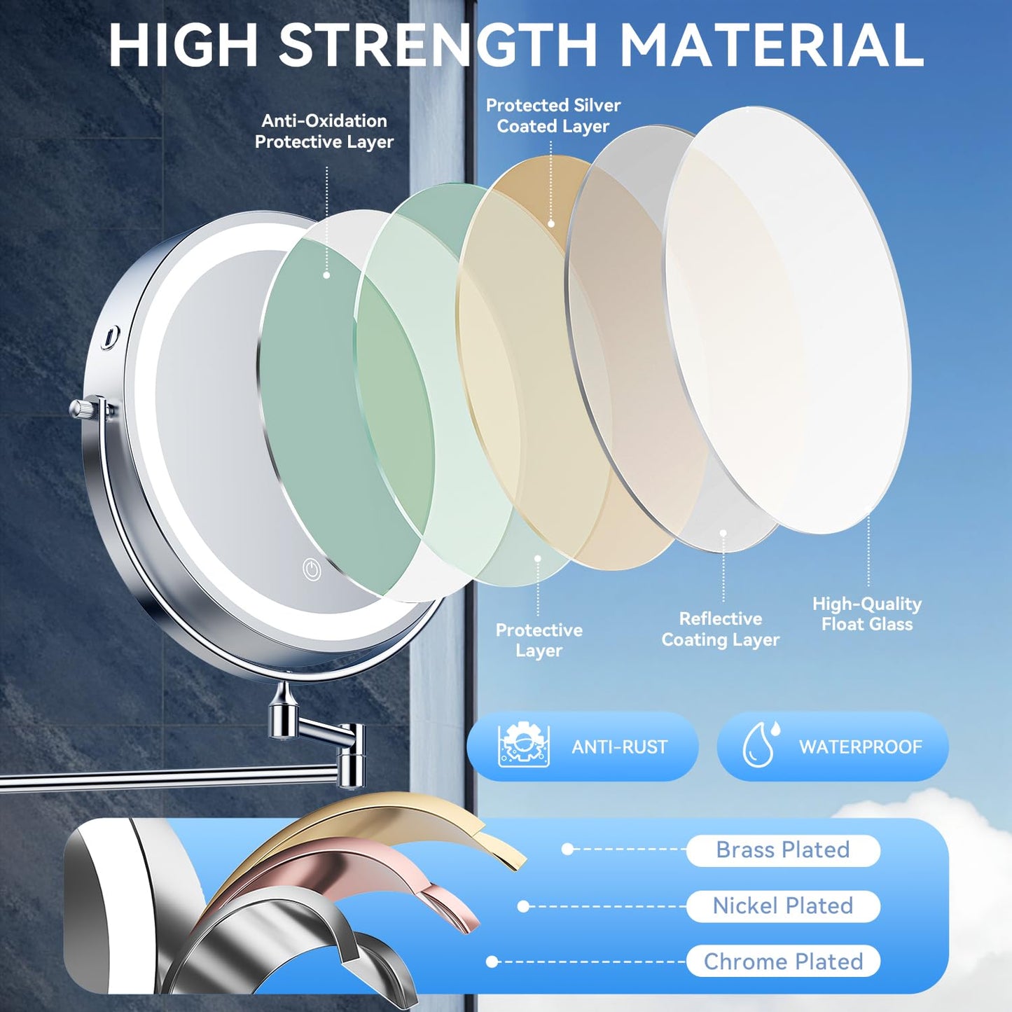 10'' 30X/1X Wall Mounted Lighted Makeup Mirror, 5000mAh Rechargeable Double-Sided Magnifying Mirror with Light, LED Vanity Mirror Touch Dimmable 3 Colors 360° Rotation Extended Foldable Arm, Chrome
