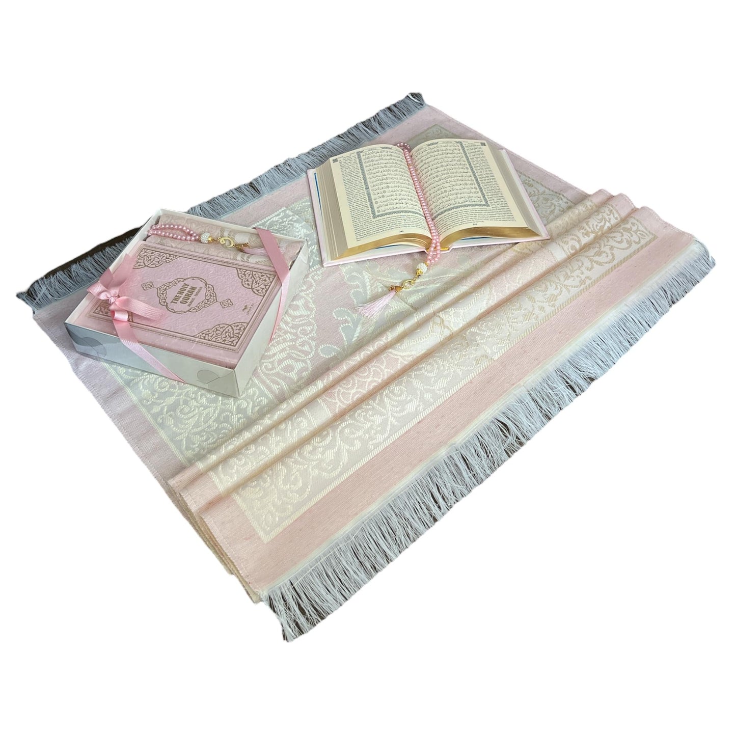English Translate Thermo Leather Covered Quran, Tafta Prayer Mat and Beads Set |Quran Size:8x5.5x1.2 İnch/20x14x3cm | Muslim Prayer Mat | Great Ramadan Gifts for Muslim Men,Women (Pink, 1 Sets)