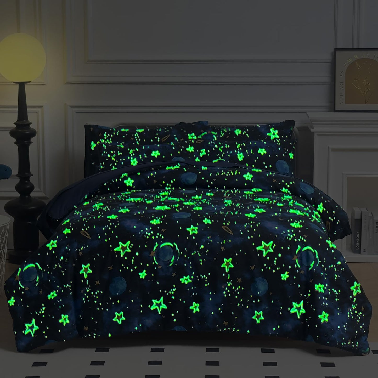 Aqzuxira Glow in The Dark Kids Comforter Set, 5 Pieces Blue Space Bedding Set Twin Size for Boys Girls Teen, 1 Comforter, 1 Pillowcase, 1 Pillow Sham, 1 Flat Sheet, 1 Fitted Sheet