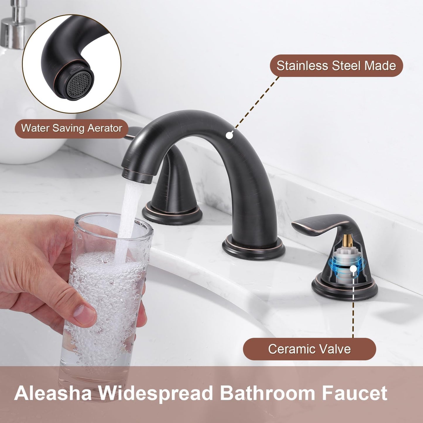 Aleasha Bathroom Sink Faucet 3 Holes Oil Rubbed Bronze, Widespread Bathroom Faucet, Washroom Faucets with Pop Up Drain, Washroom Sink Faucets with 304 Stainless Steel Lead-Free Hose