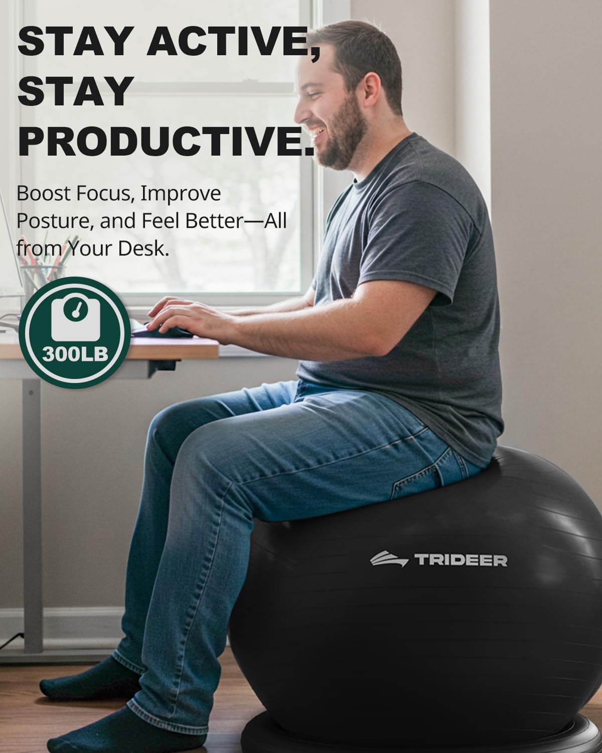 Trideer Exercise Ball Chair with Base & Resistance Bands for Home Gym, Stability Ball Seat for Core Workout and Back Support