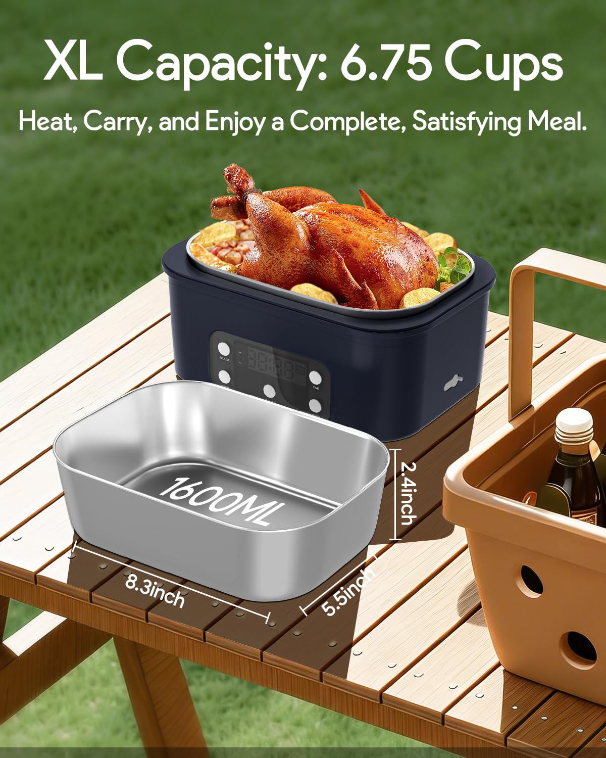 VISOM Cordless Electric Lunch Box, 6.75 Cup Automatic Food Warmer (212°F), Rechargeable Portable Heated Meal Container for Office, Travel, Outdoor（deep blue）