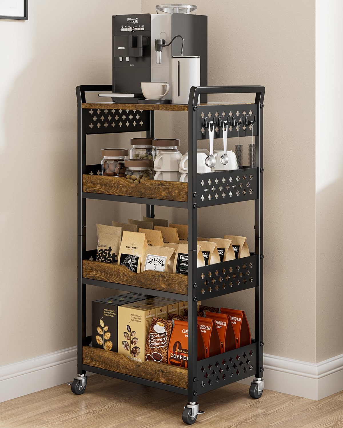 Giwil 4-Tier Rolling Storage Cart, Small Coffee Bar Crafts Makeup Cart with Wooden Top Snack Organizer for Pantry, Utility Kitchen Cart On Wheels for Onions Potatoes, Black