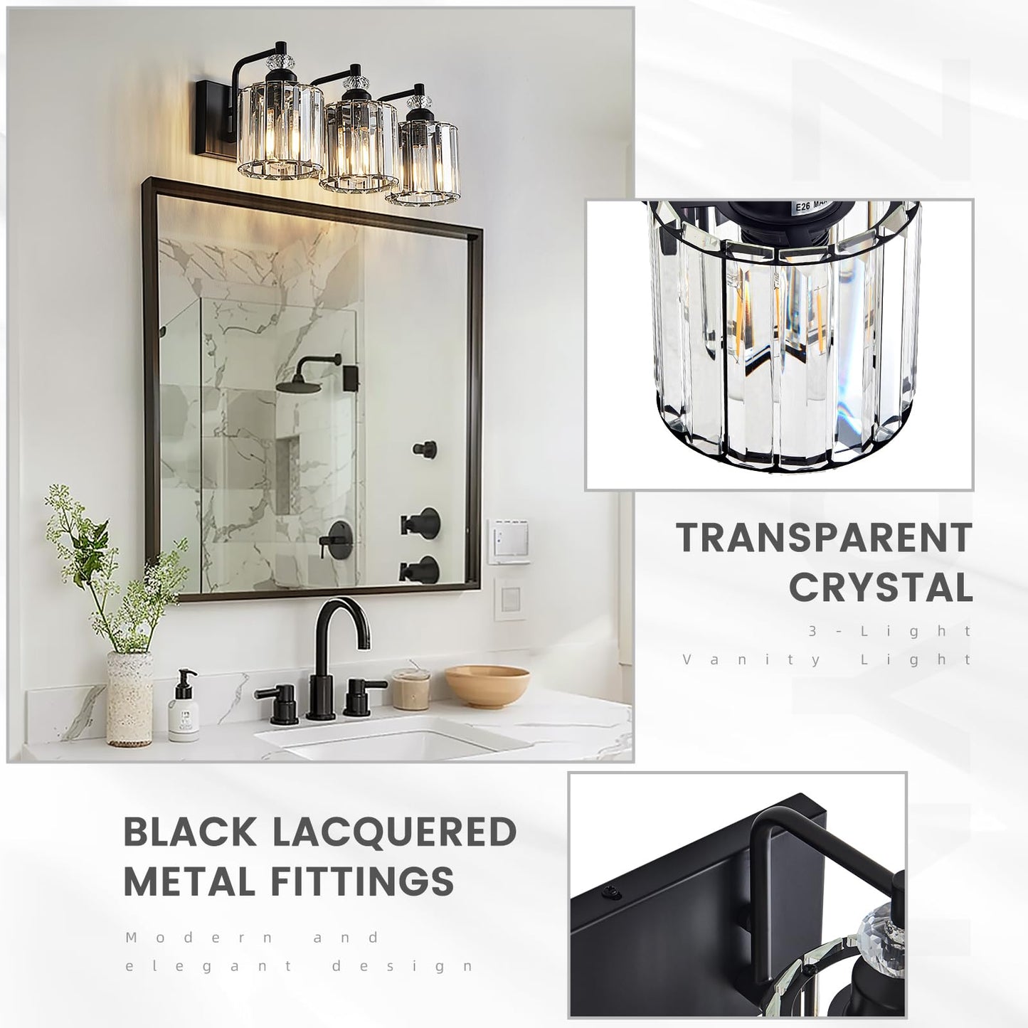 Zqoyn 3-Light Black Bathroom Light Fixtures Over Mirror Modern Vanity Lights Crystal Wall Sconce Vintage Bathroom Lighting with Crystal Shade E26 Base for Bedroom, Living Room, Hallway