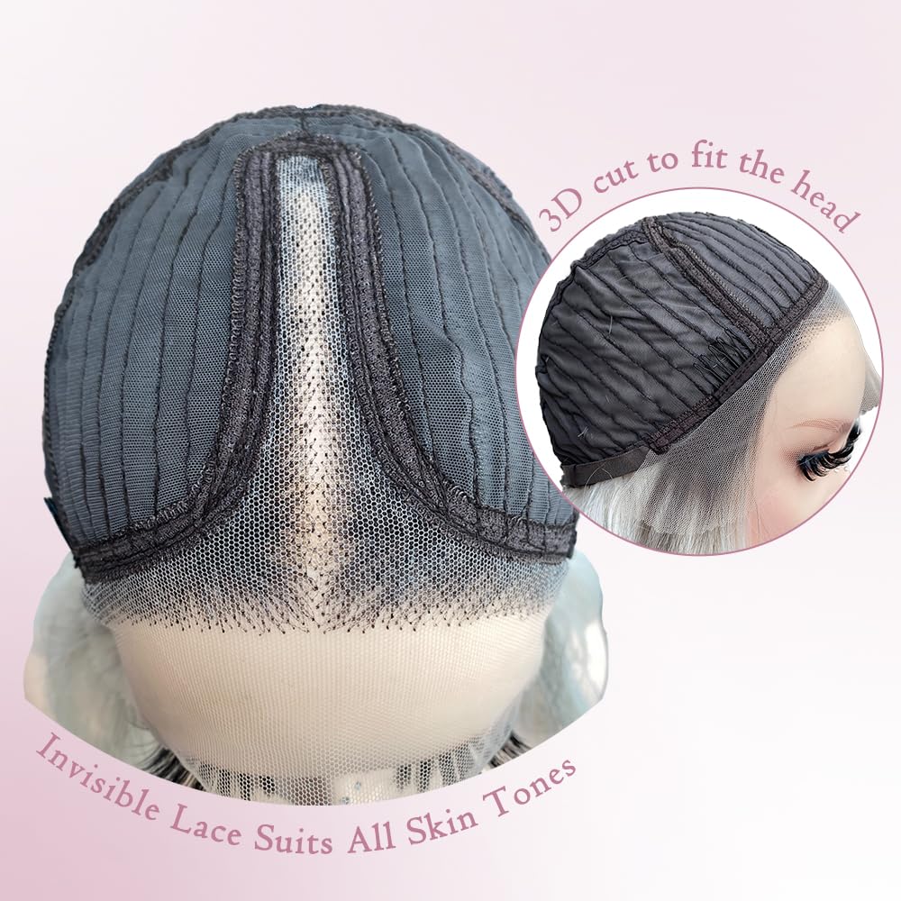 SISgrace Ombre White Grey Lace Front Wig Synthetic Body Wave Wig Wear and Go 13x4x1 T-part Lace 28 Inch Dark Roots to White Grey Color Pre-Plucked HD Glueless Lace Front Wig for Women