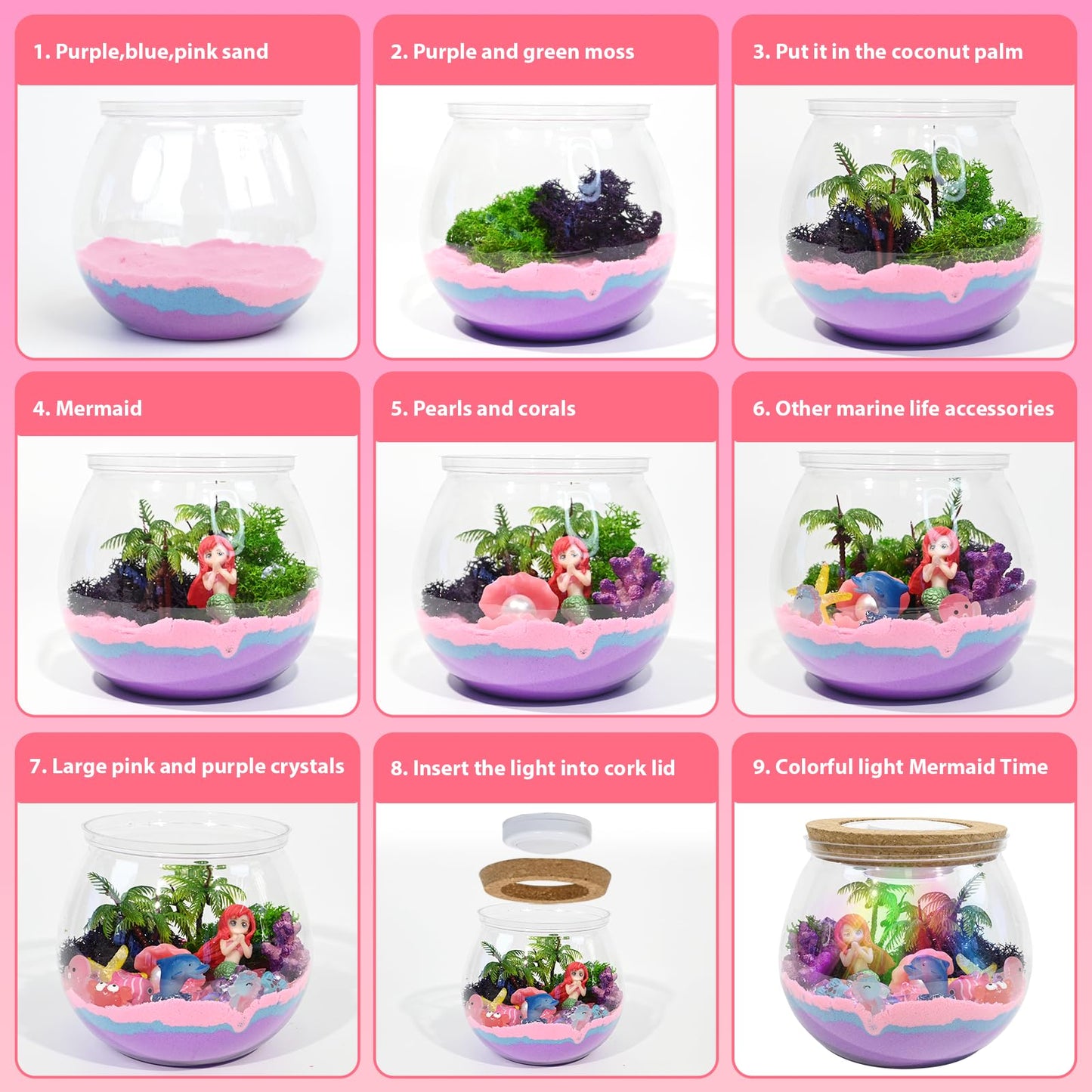 lonfypeng Mermaid Terrarium Kit - DIY Craft Kit for Girls Ages 4-12 - LED Night Light & Remote Control - Fantasy Themed Science Kit