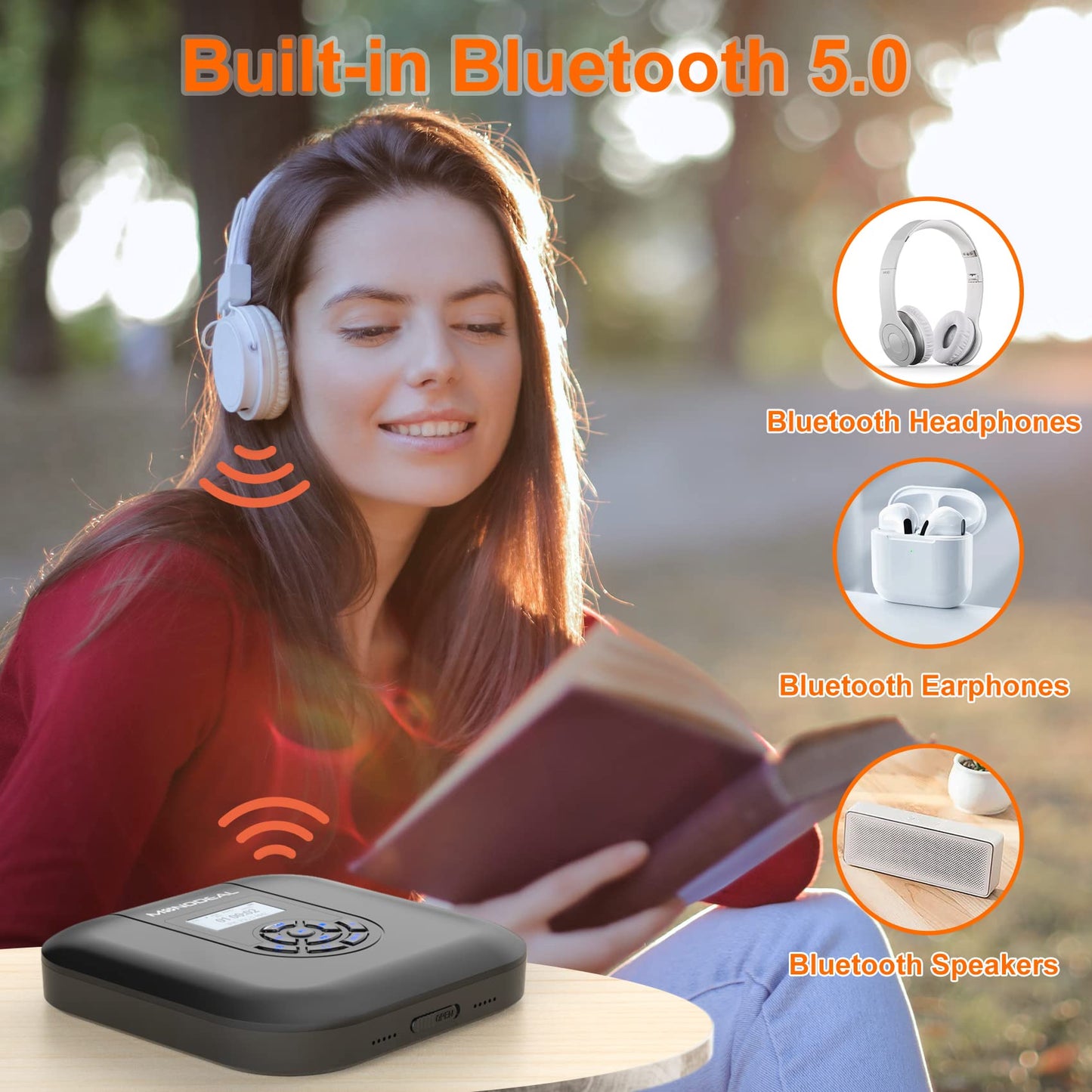 CD Player Portable, MONODEAL Bluetooth CD Player with Speakers and FM Transmitter, Rechargeable 1800mAh CD Player for Car and Home with LED Screen