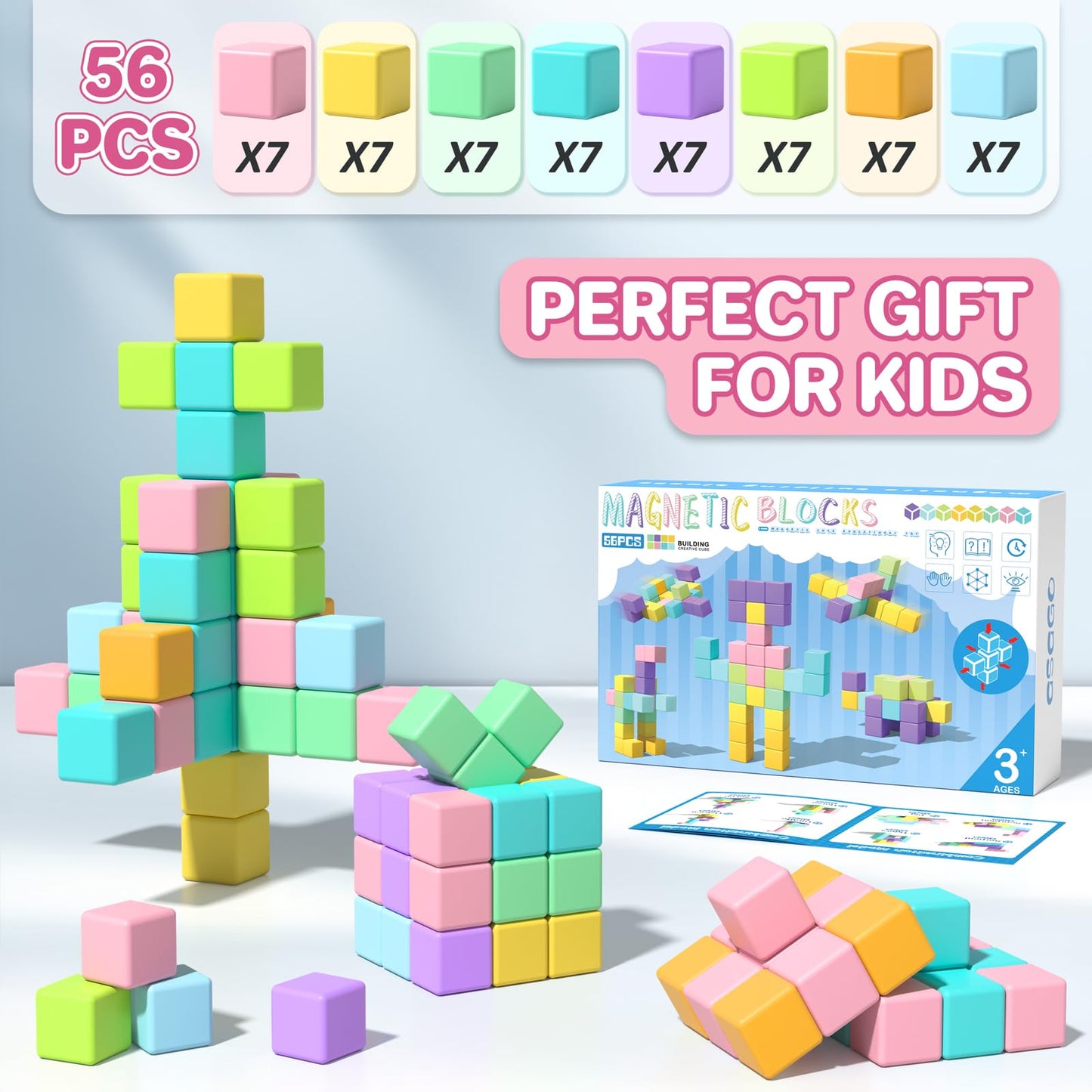 Magnetic Blocks for Toddlers 1-3, 56PCS 1.34in Large Macaron Magnet Building Cubes for Kids, Stem Preschool Stack Construction Educational Toys for 3-5 Years Old Boys Girls