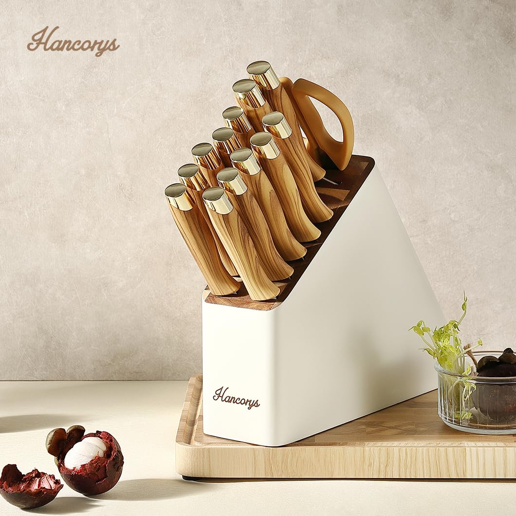 Hancorys Knife Block Set, Kitchen Knife Set with Sharpener, German Stainless Steel Gold Knives Set with Block and Ergonomic Wood Grain Handle, Ultra Sharp Cooking Knives