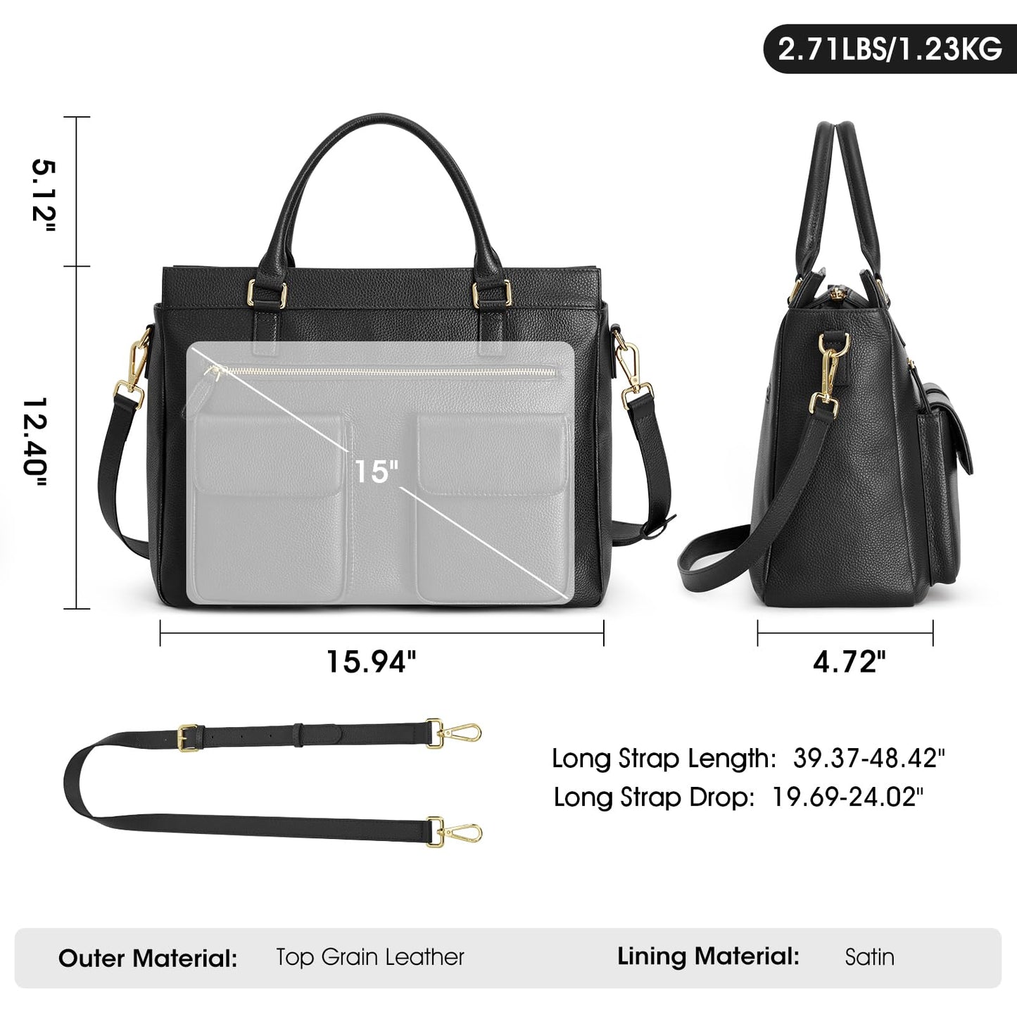 Kattee Leather Briefcase for Women, 15 Inches Laptop Bag, Work Tote with Luggage/Shoulder Strap, Black
