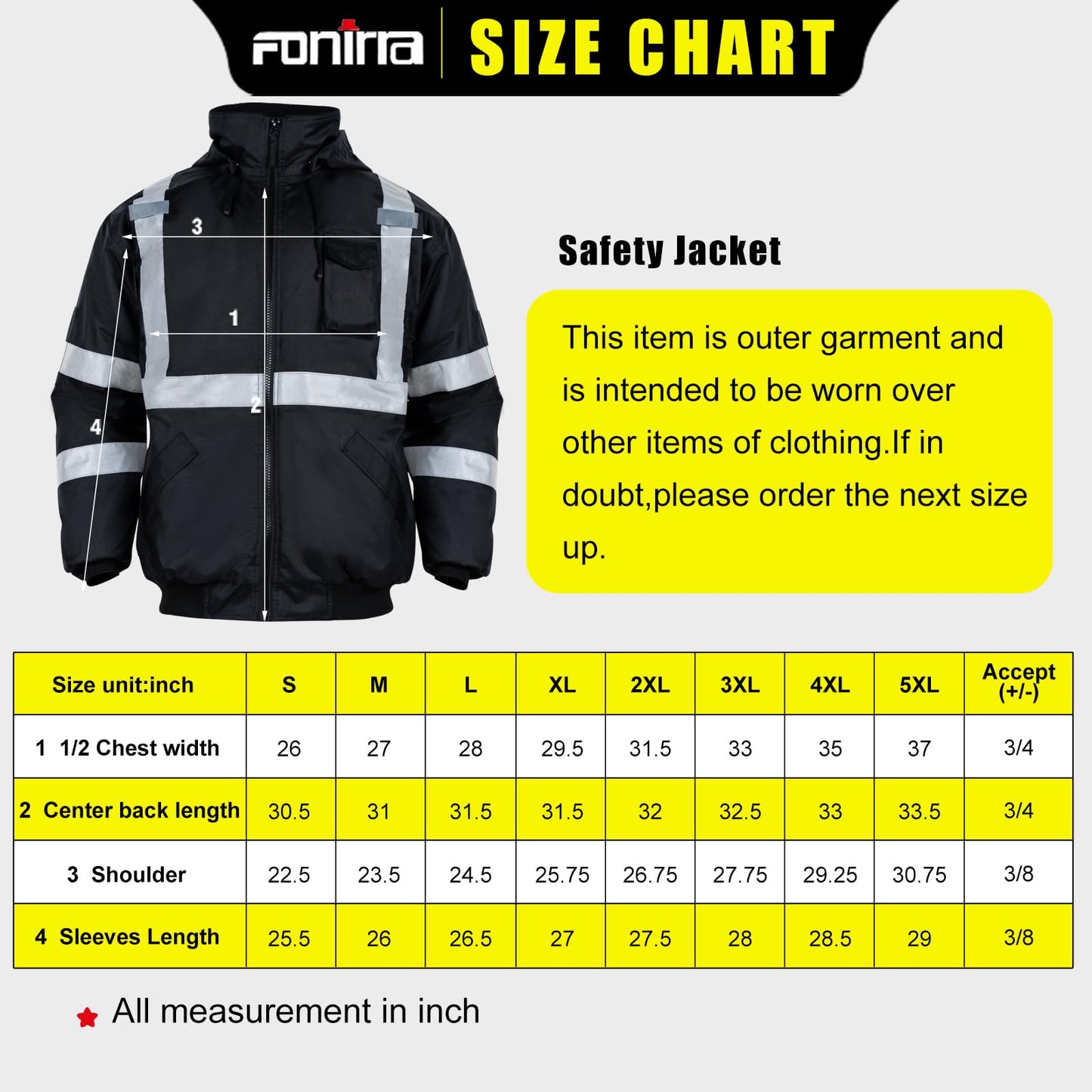 FONIRRA High Visibility Safety Jackets for Men with Fleece Liner, ANSI Class 1 Reflective Waterproof Bomber Jacket