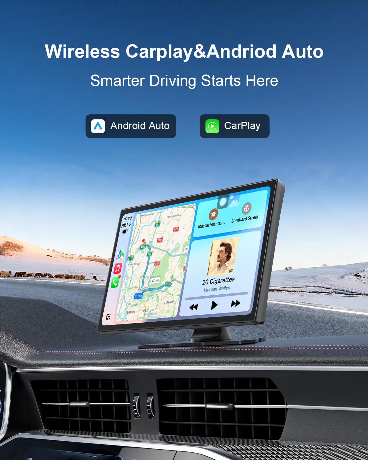 HK9 Carplay Screen for Car, 9" HD Portable Apple Carplay & Android Auto Screen, with 4K Dash Cam & 1080P Backup Camera, Upgrade Car Play Touchscreen, GPS Navigation/Siri/Mirror Link/Bluetooth/FM
