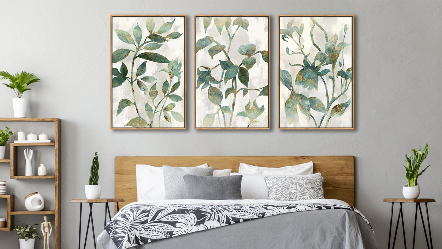 Large Framed Canvas Wall Art - Natural Float Framed Rustic Green Flowers Leaves Pictures Paintings White Grey Artwork Decor for Bedroom Living Room Kitchen Home Office Decoration 48" X 24" Set of 3