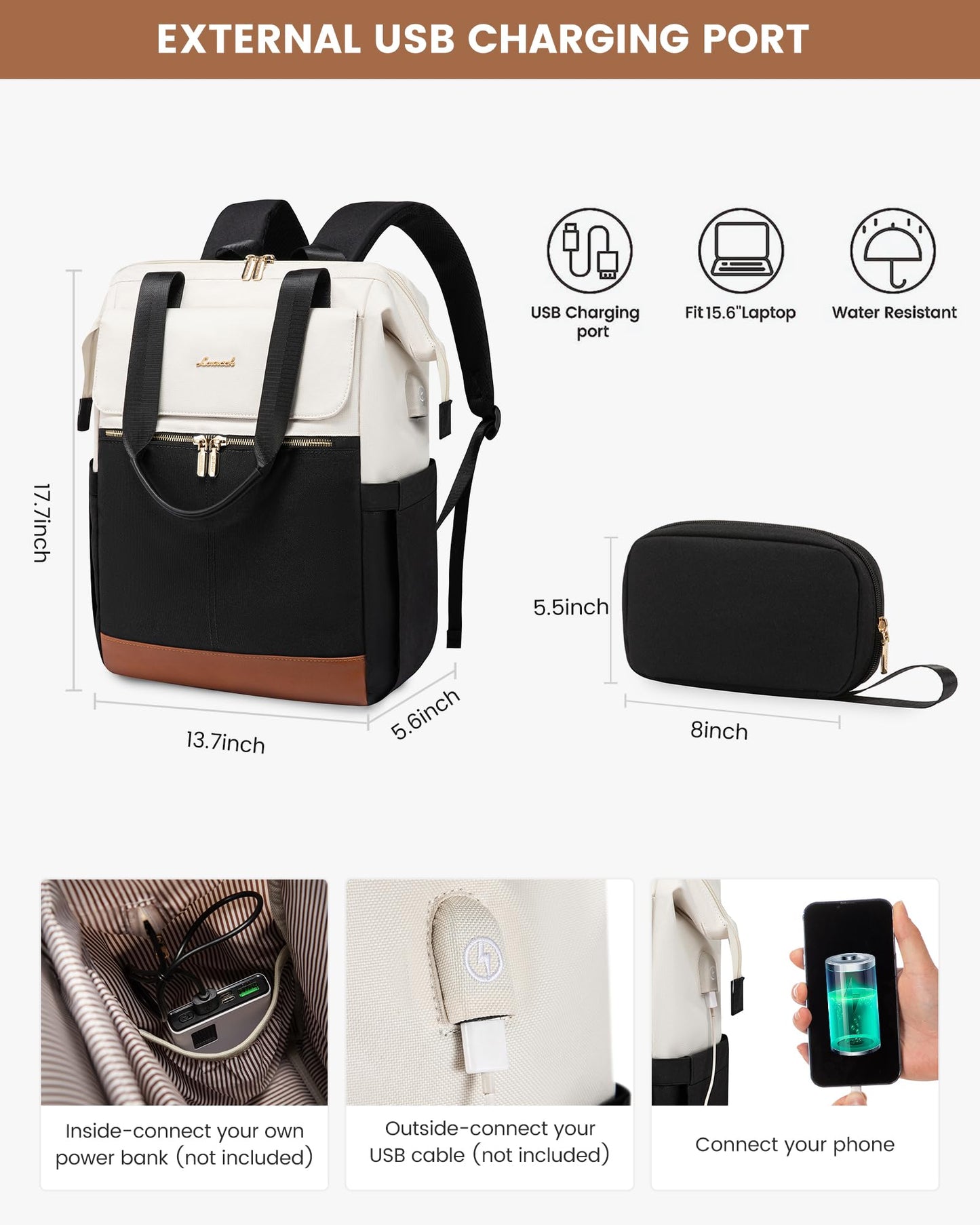 LOVEVOOK Laptop Backpack for Women, 15.6 Inch Work Laptop Bag with USB Port, Fashion Teacher Nurse Backpack Purse, Waterproof Travel Computer Backpack with Organizer Bag, 2PCS, Beige-Black