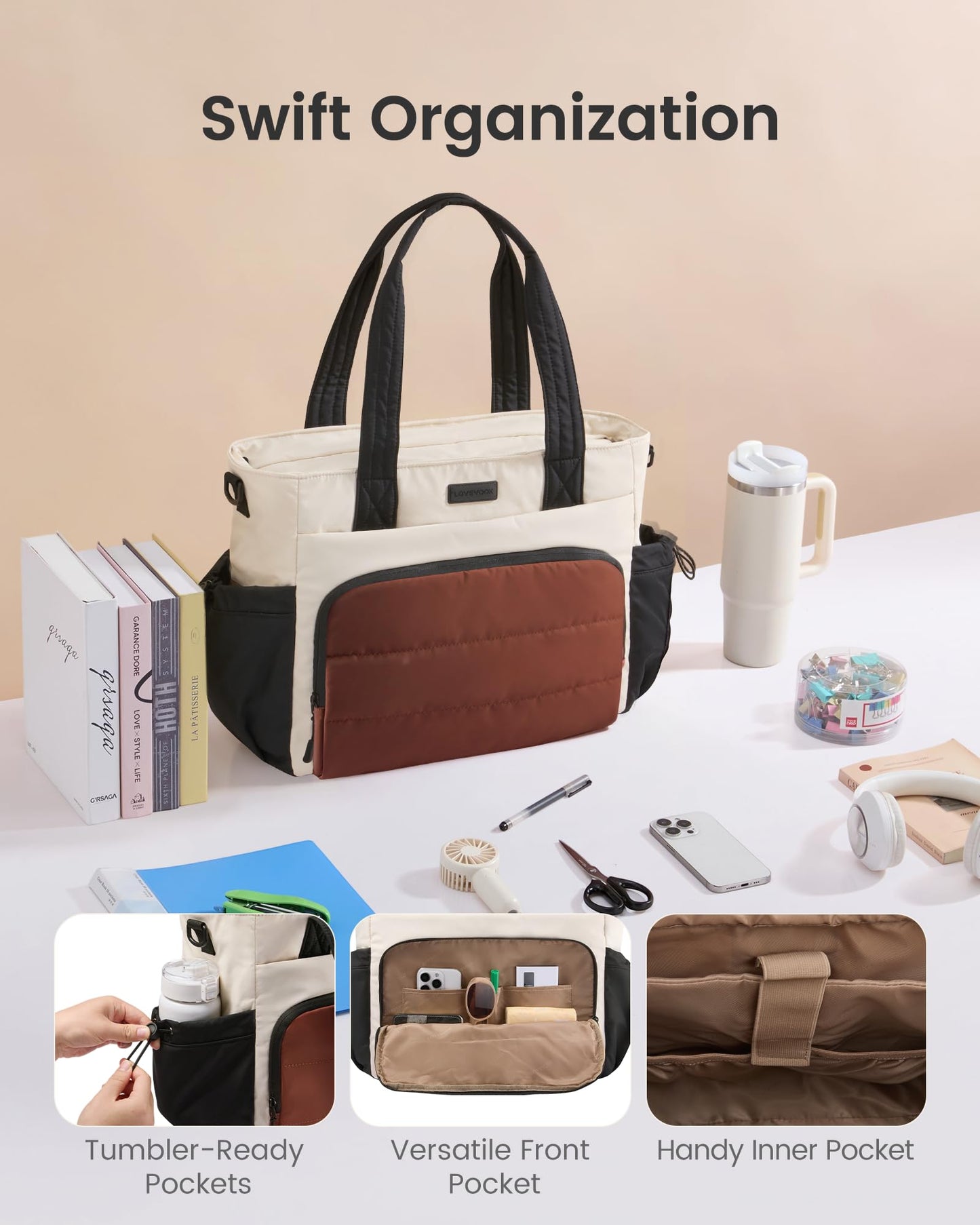 LOVEVOOK Tote Bag for Women, 15.6 Inch Puffer Laptop Work Tote with Cup Holder, Quilted Nurse Bag for Travel, Gym, Daily Use