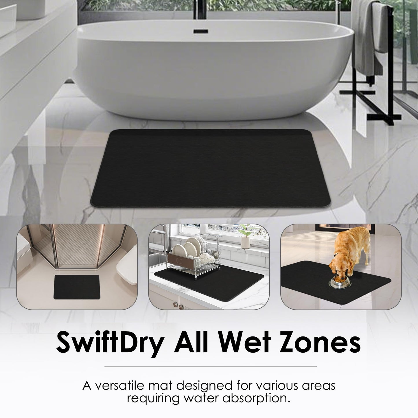 THMINS Black Stone Bath Mat, 32''x20'' Extra Large Stone Bath Mat, Super Absorbent Quick Drying for Bathroom, Easy to Clean