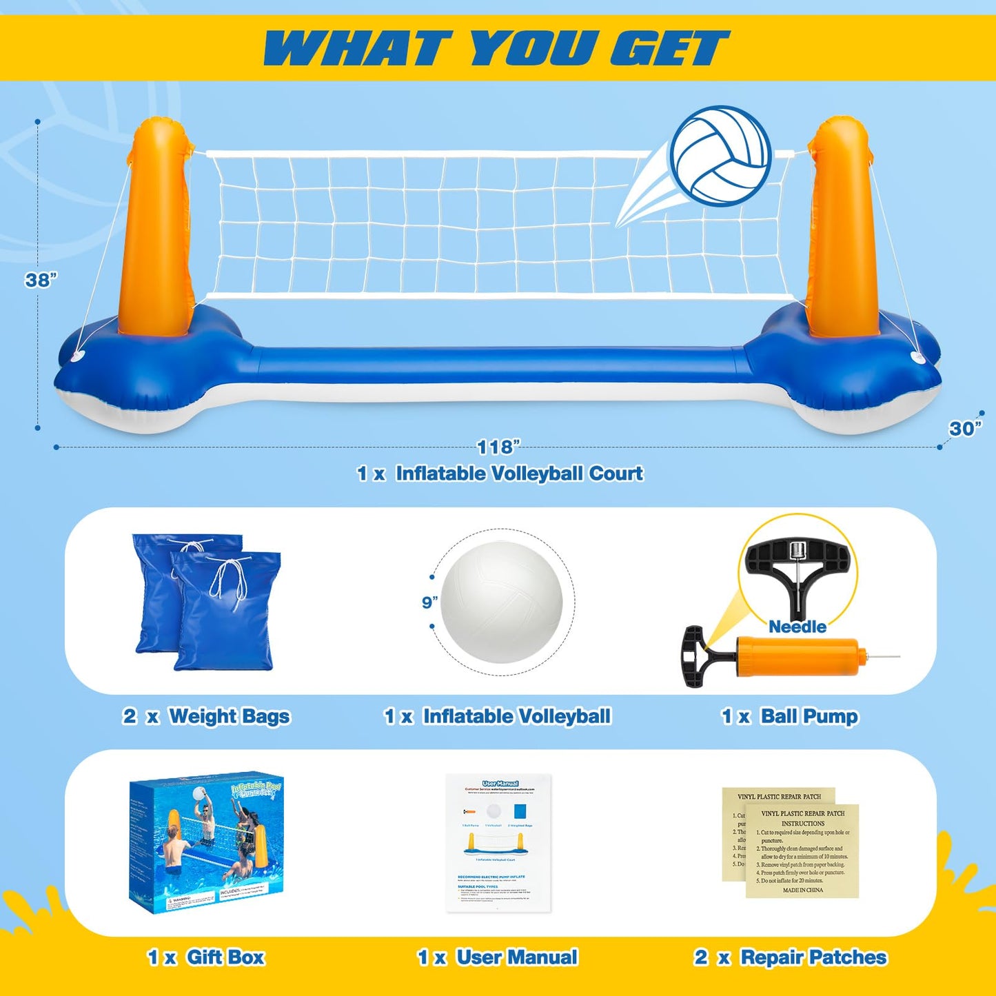 Pool Volleyball Set - 118" Pool Volleyball Net for Inground Includes Upgraded Water Volleyball, Ball Pump & 2 Weight Bags, Pool Games Toys for Adults and Family | 2025 Summer Pool Floaties Party Gift