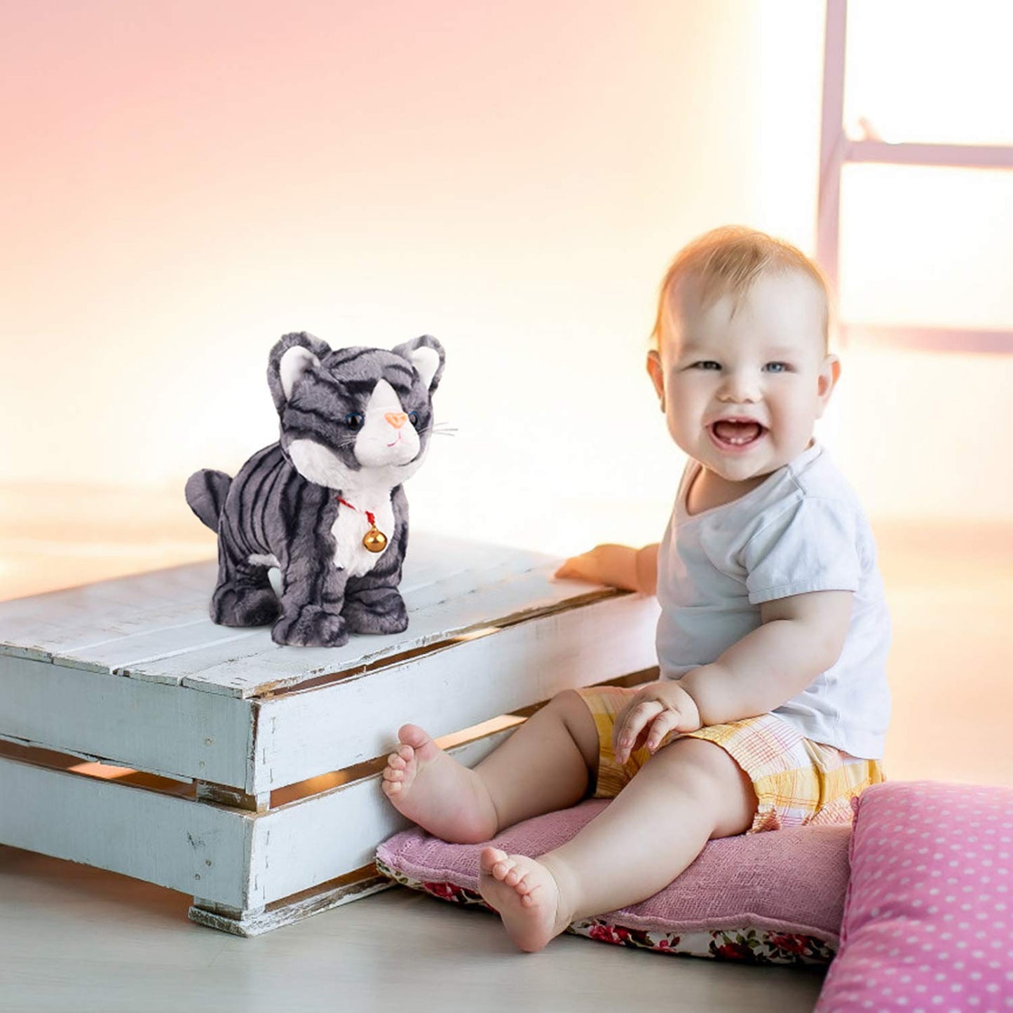 Marsjoy Pattern Gray Robot Cat Plush Cat Stuffed Animal Interactive Cats, Meow Kitten Touch Control, Electronic Cat Pet, Animated Toy Cats for Girls Baby Kids