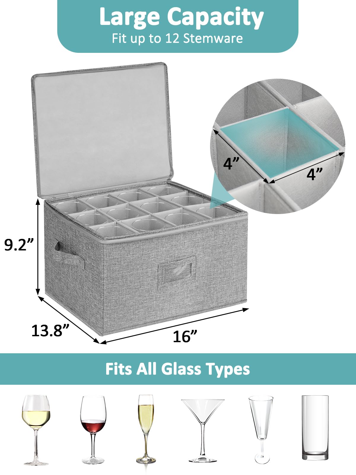 Cirhy Wine Glass Storage Box Hard Shell, Stemware Storage Containers for Moving, Holds 24 Crystal Glasses & Flutes, Stackable Glassware Chest with Dividers, Grey (2-Pack)