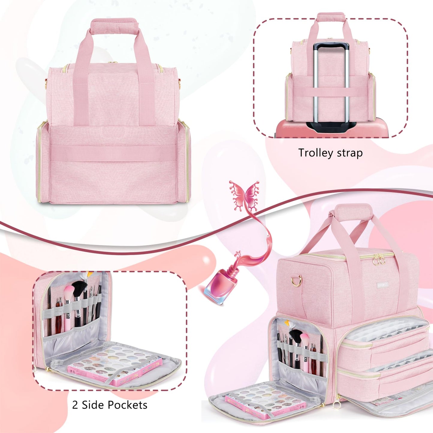 Nail Polish Organizer Holds 80 Bottles and a Nail Lamp,Nail Polish Carrying Case with 2 Removable Bags,Nail Organizers and Storage for Nail Tech,Portable Nail Polish Holder for Nail Supplies,Pink