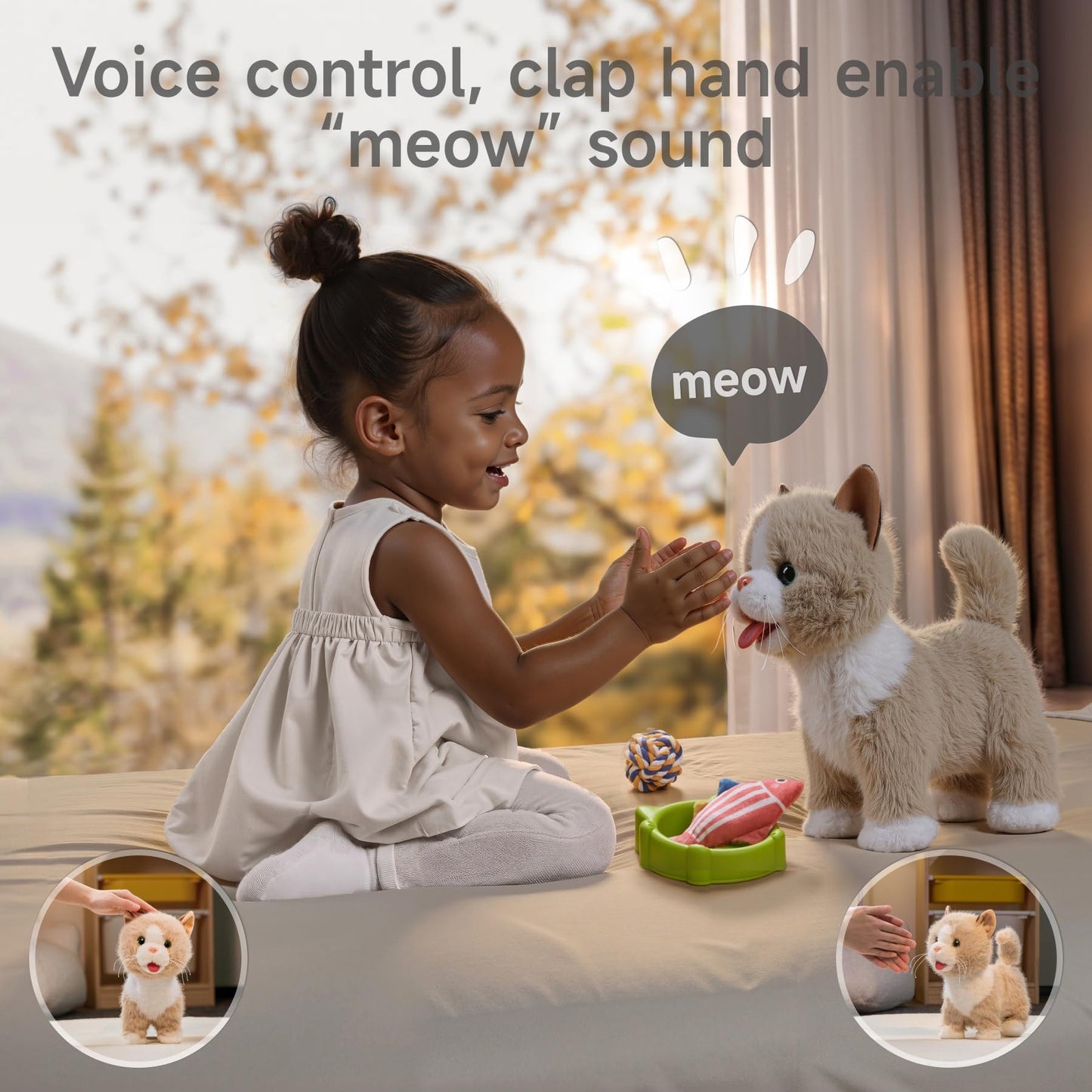 TUMAMA Walking Cat Set, Interactive Electronic Cats Plush Toy with Leash, Wag Tail, Sing, Meows, Pretend Dress Up Realistic Stuffed Cat Age 3 4 5+ Years Old Gift