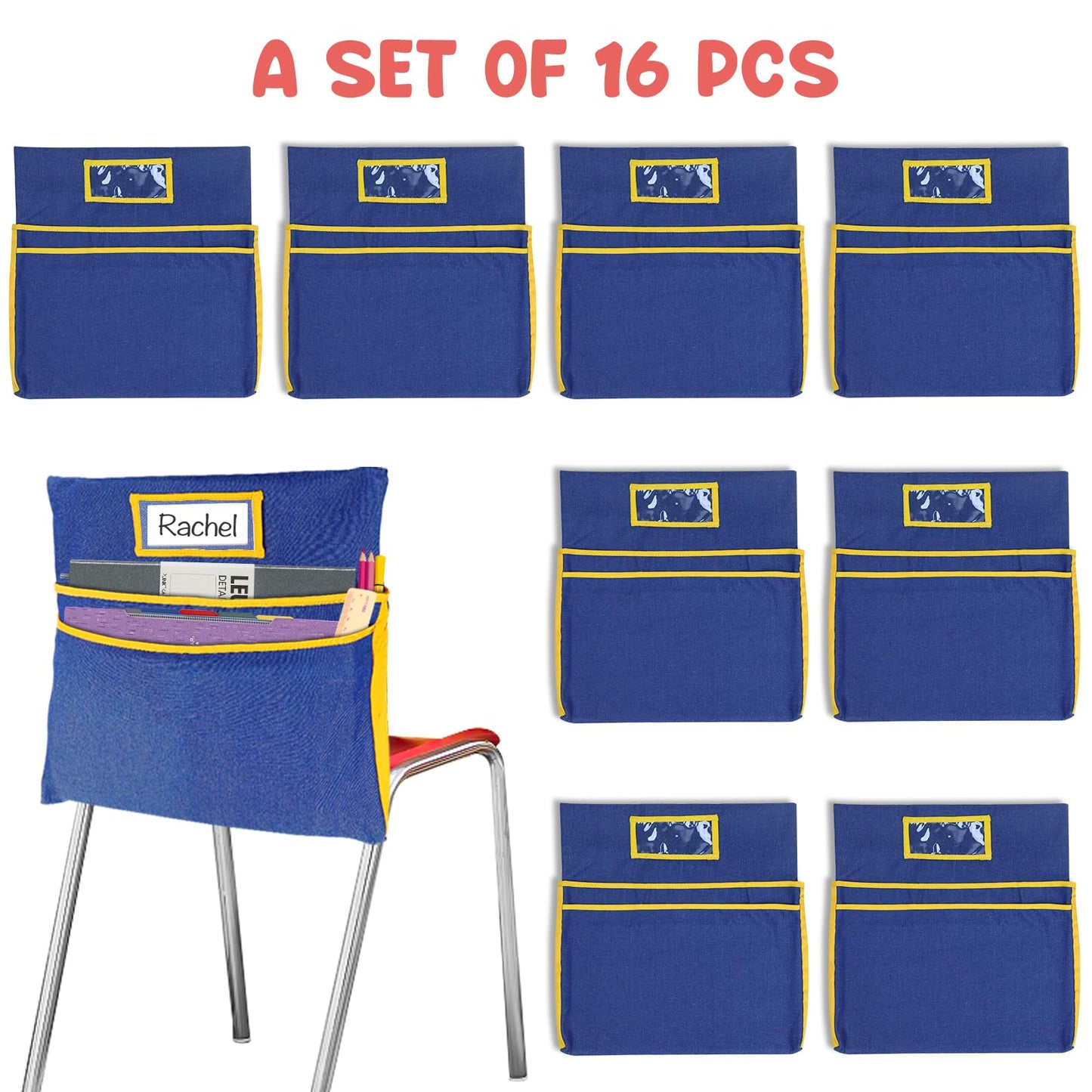 16PCS Chairback Buddy Pockets Chart with 2 Heavy Duty Storage Pocket,School Supplies Chair Back,Standard Denim Storage Organizer for Classroom Chair(Yellow)