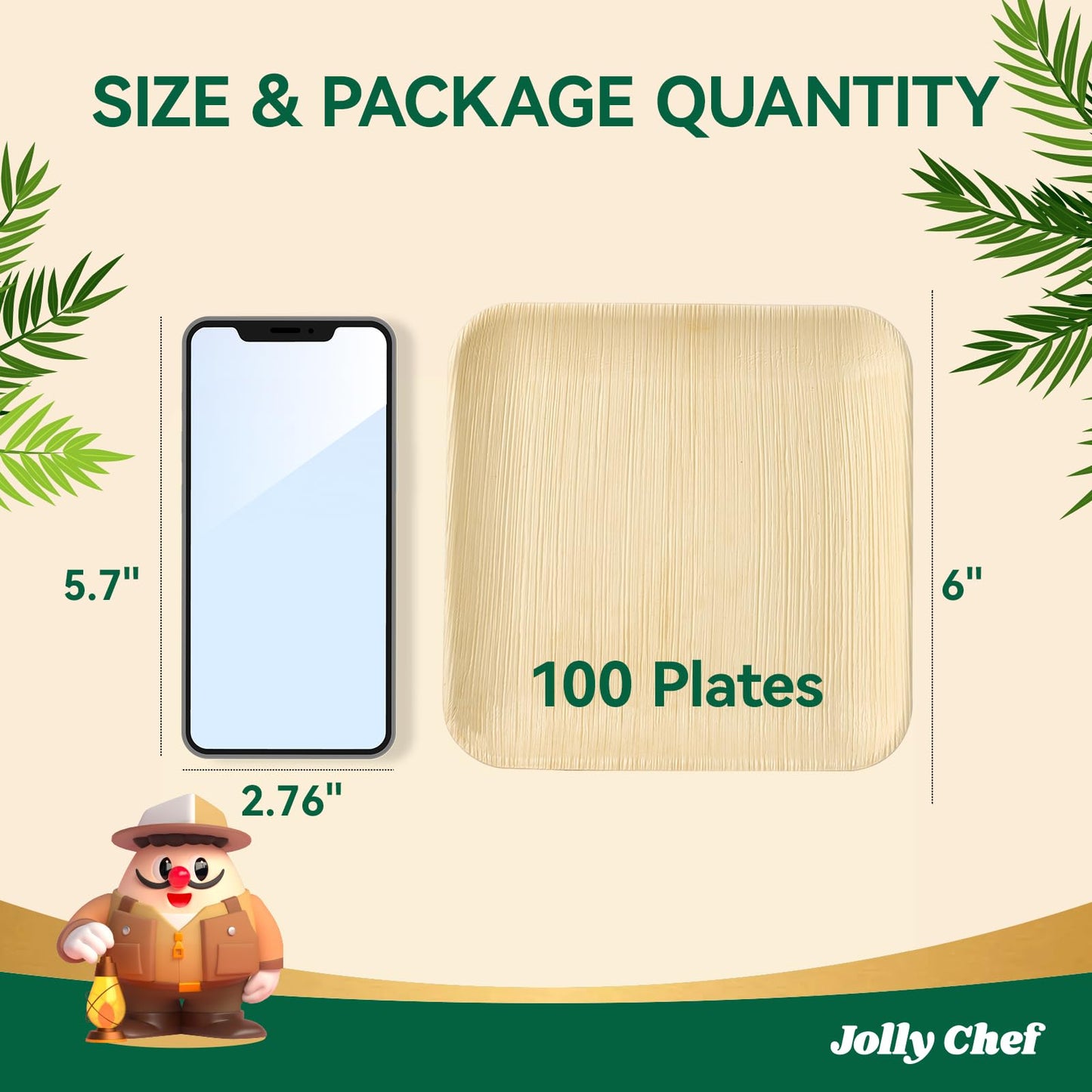 JOLLY CHEF Palm Leaf Plates, 6 Inch 100 Pack Bulk Disposable Like Bamboo Square Plates, Party Compostable Ideal for Dinner, Wedding, Party