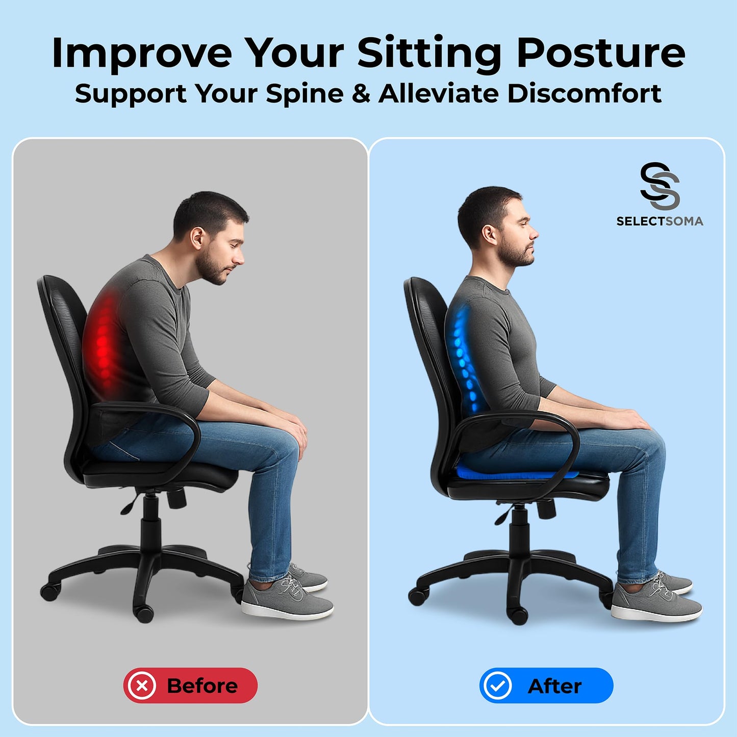 SelectSoma Double-Thick Gel Seat Cushion for Long Sitting Pressure Relief for Back, Sciatica, Coccyx, Tailbone Pain - Cushion for Airplane Travel, Office Chair, Wheelchair, Car & Truck - Egg Seat Pad