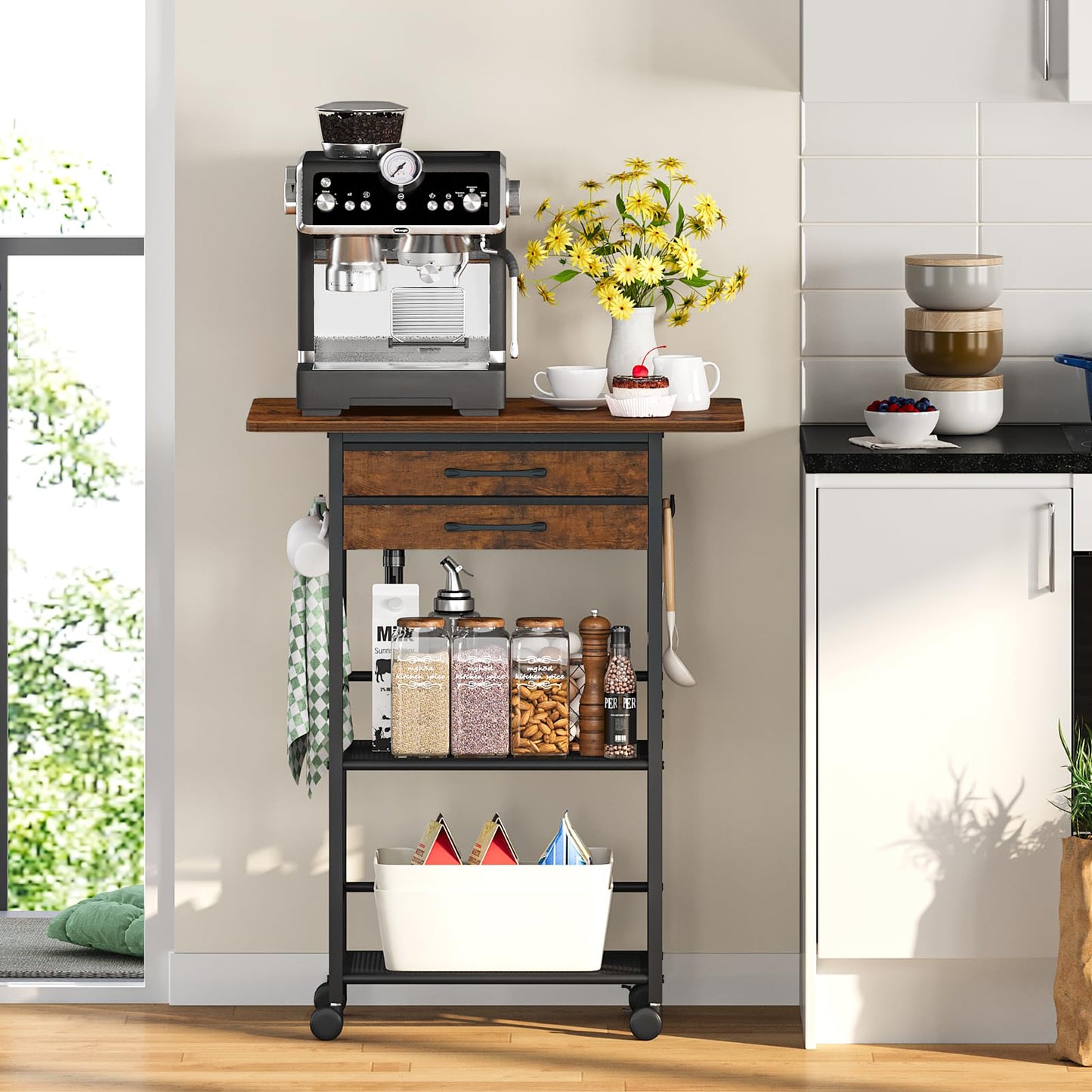 Snughome 5 Tier Rolling Coffee Cart with 2 Large Drawers & Removable Dividers, Extra-Wide Coffee Bar Cart with Storage, Farmhouse Coffee Station Cabinet for Living Room, Kitchen, Office