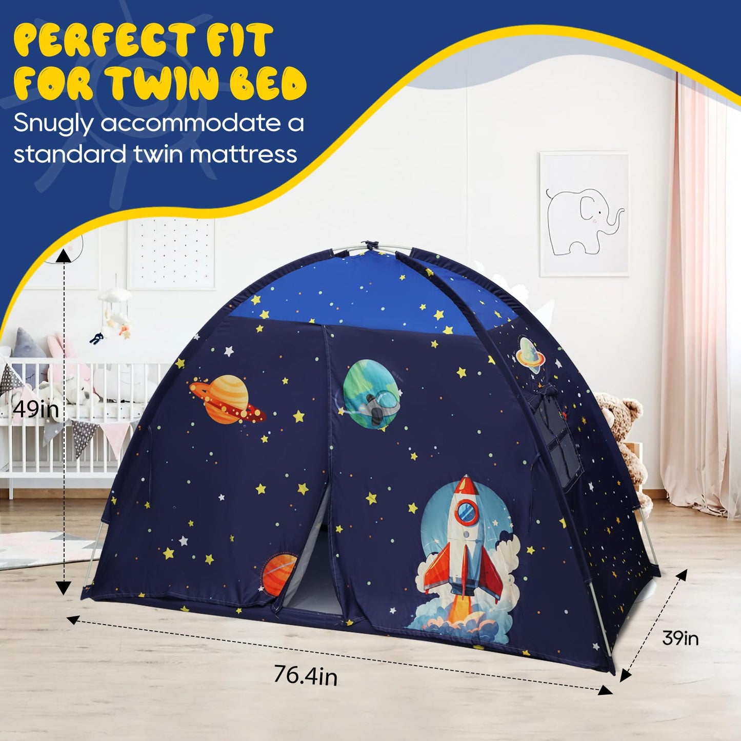 Redants Twin Bed Tent Canopy, Space Indoor Blackout Privacy Toddler Bed Tent for Kids with Light, Portable Sleeping Floor Kids Playhouse (Blue, Twin Size)