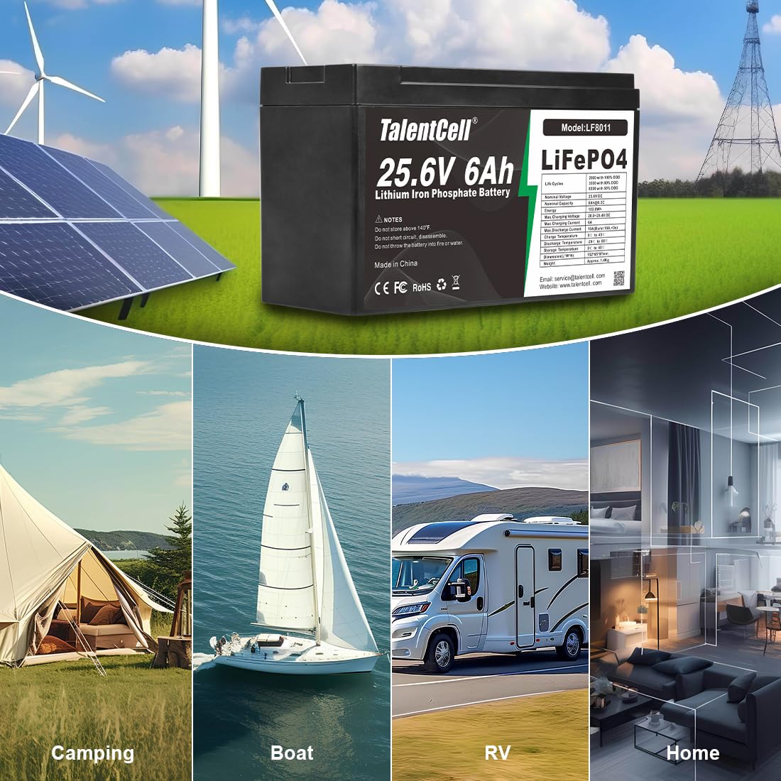 Talentcell 24V 6Ah LiFePO4 Battery Pack LF8011, 25.6V 153.6Wh Deep Cycle Rechargeable Lithium Iron Phosphate Batteries