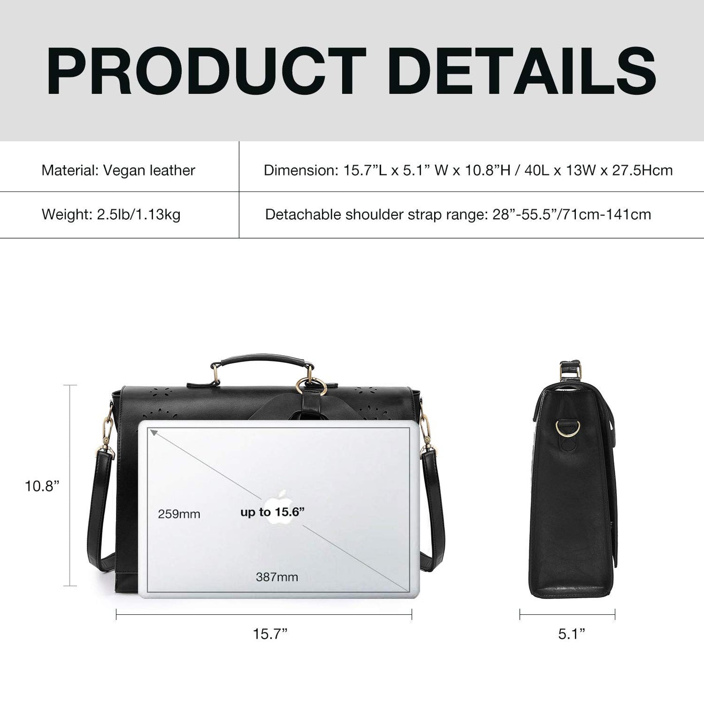 ECOSUSI Women's Briefcase Vegan Leather 15.6 inch Laptop Bag for Work Computer Shoulder Satchel Bag with Detachable Bow, Black