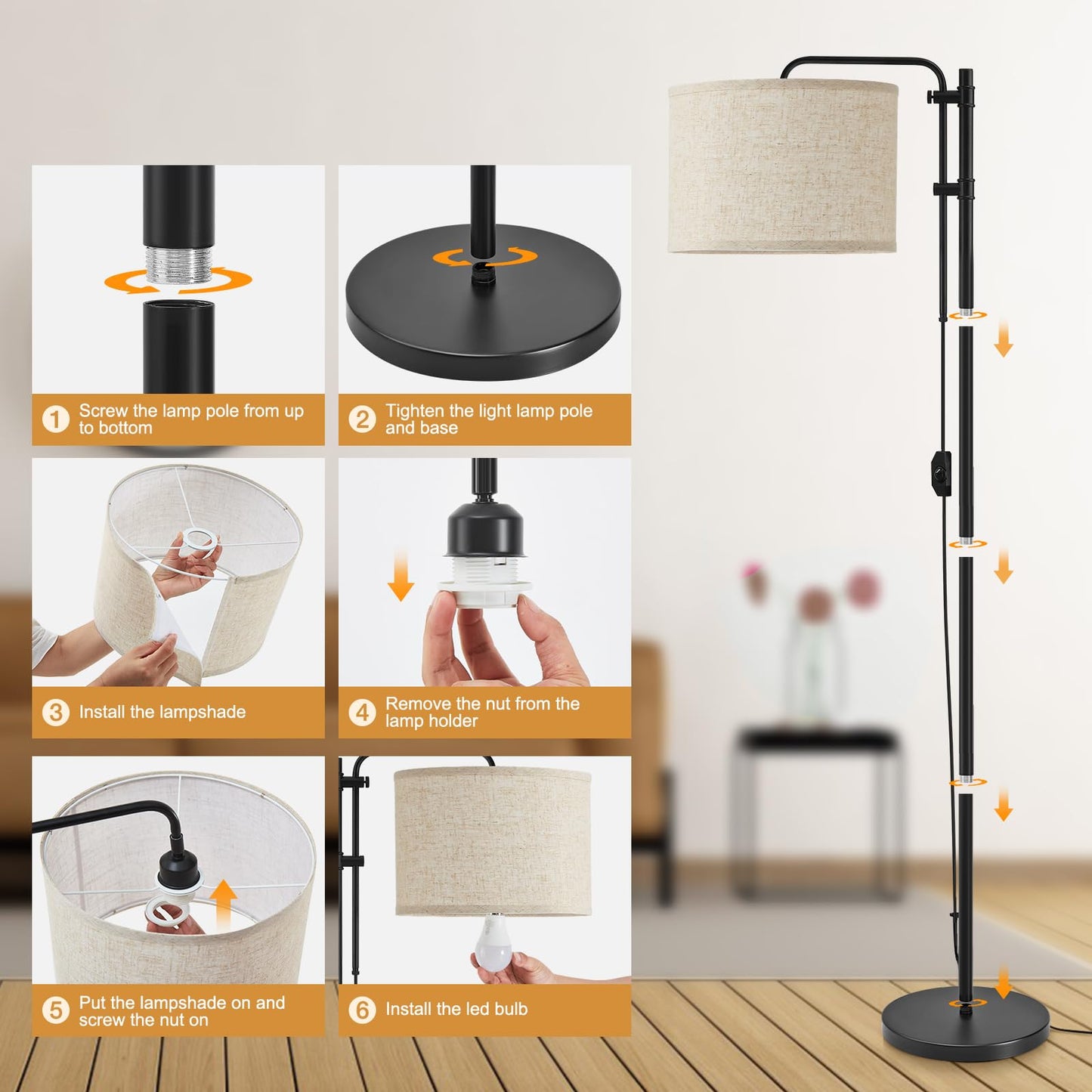 GyroVu Floor Lamp for Living Room, Adjustable Height Standing Lamps with 350° Rotate Beige Lampshade, 67.5-Inch Modern Tall Lamp Dimmable Floor Lamps for Corner Bedroom Home Office (Bulb Included)
