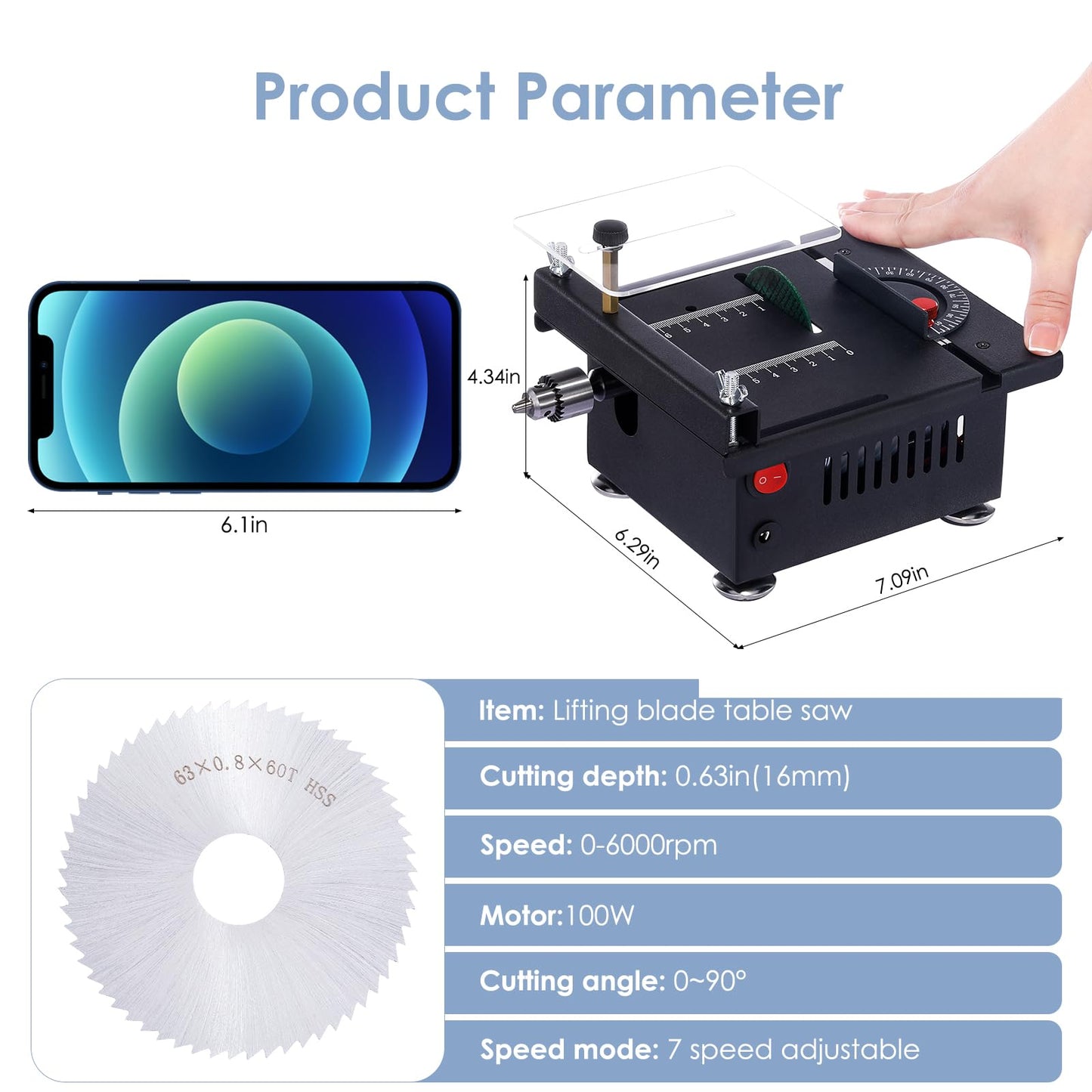 Vislone 100W Mini Table Saw Desktop Electric Saw Cutter 7-Speed Angle Adjustable Lift Blade 0-0.63in(0-16mm) Cutting Depth with Blade Flexible Shaft for DIY Hobby Wood Plastic Acrylic Cutting