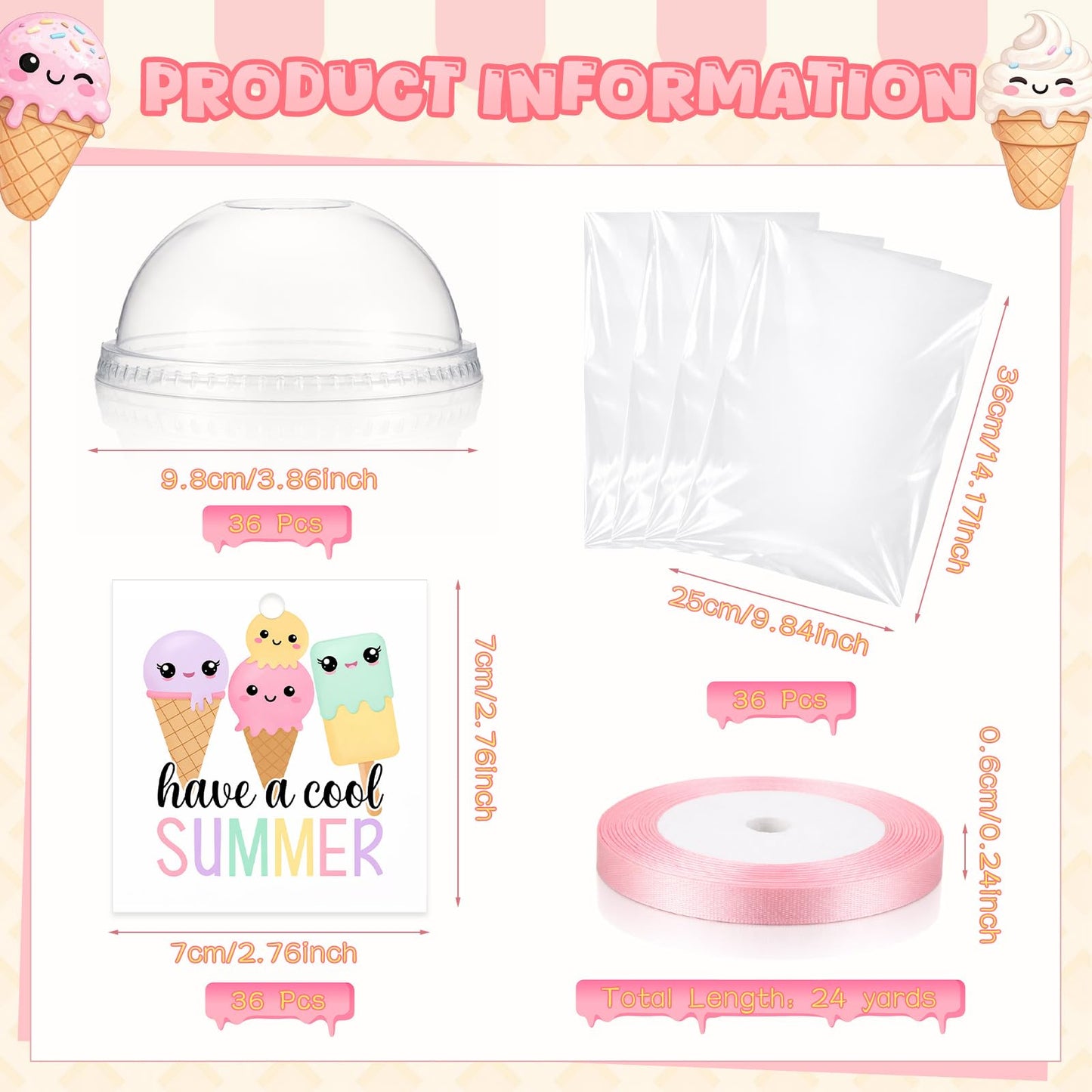 Maxdot 36 Pack End of Year Gift Ice Cream Bowl Set with Spoons, Clear Dome Lids, Gift Bags & Cards and and Pink Ribbon Reusable Plastic Dessert Cups for Yogurt, Party Favors, Summer Events