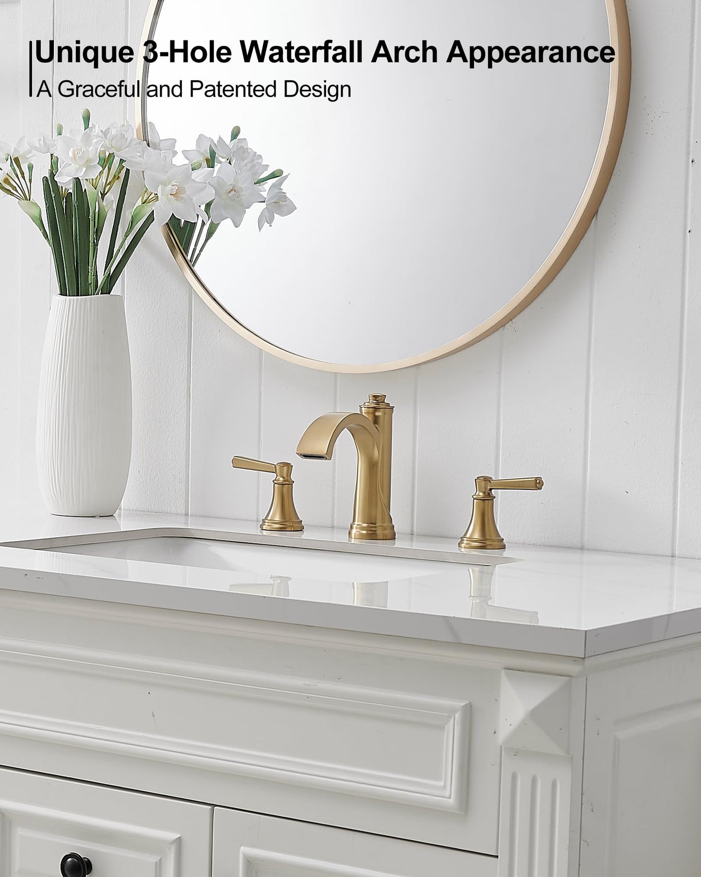 HEYMYTAP Brass Bathroom Waterfall Faucet, 4-16 Inch Brushed Gold Bathroom Faucet Widespread Bathroom Sink Faucet, 2 Handles Bathroom Faucets for Sink 3 Hole with Pop Up Drain, Water Hoses