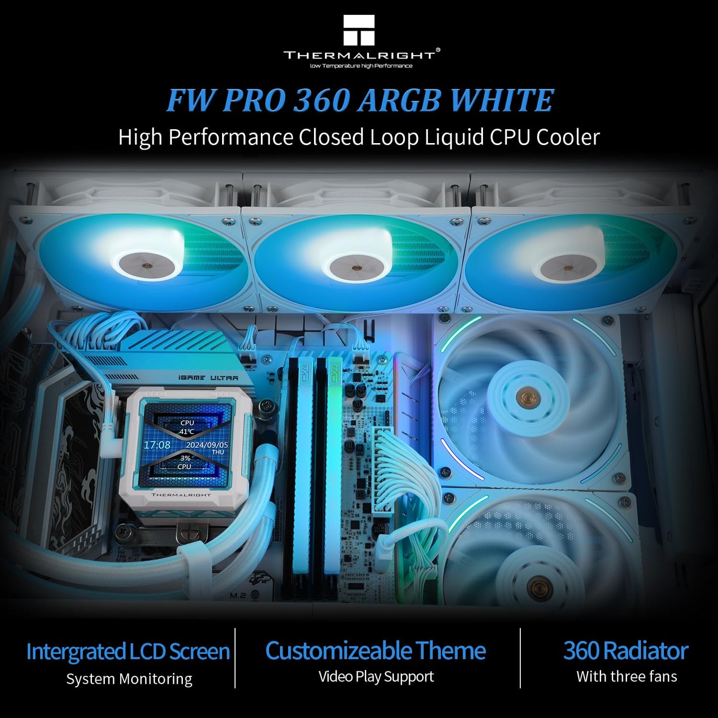 Thermalright FW PRO 360 ARGB White CPU Water Cooler with PWM Fan, 2000RPM Speeds,IPS LCD Screen with 320 * 320 Resolution,Liquid CPU Cooler,for AM5/Intel 1851/1700,2.73inch Display Screen