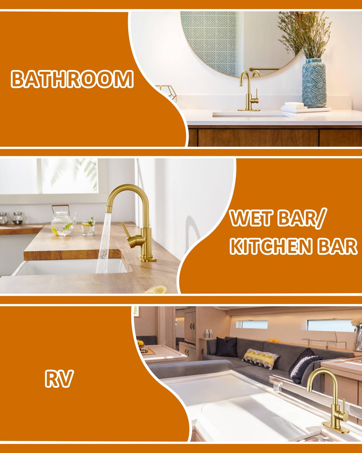 Tohlar Gold Bathroom Faucet, Brushed Gold Wet Bar/Pre-Kitchen Faucet for Sink 1 or 3 Hole, Bathroom Sink Faucet with Deck Plate and Sprayer, Single Handle Bar Sink Faucet with Pop Up Drain