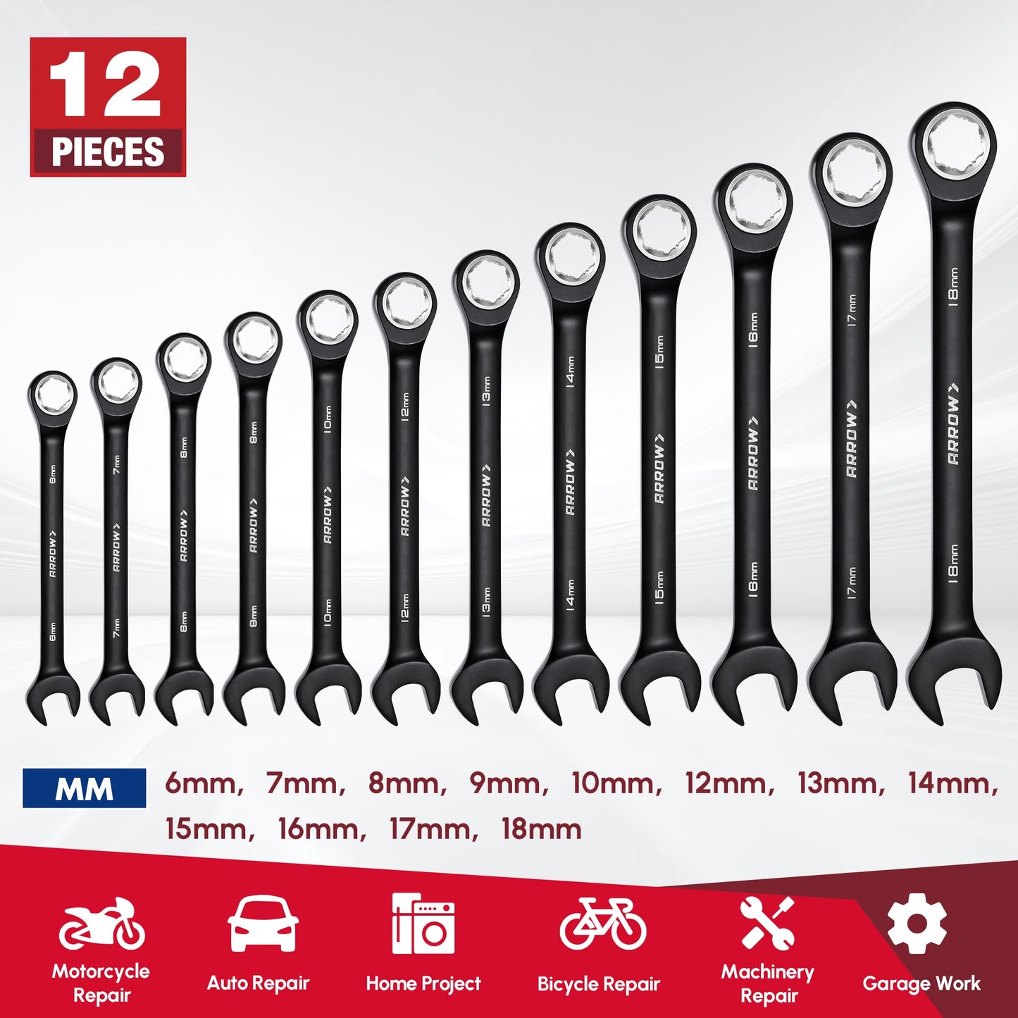 ARROW 12PCS Metric Ratcheting Wrench Set, Anti-Slip 6-18mm Combination Ratchet Wrench Set with Black Magnetic Tool Holder, Premium CRV Material, 72-Teeth, Corrosion-Resistant, Easy to Carry & Store