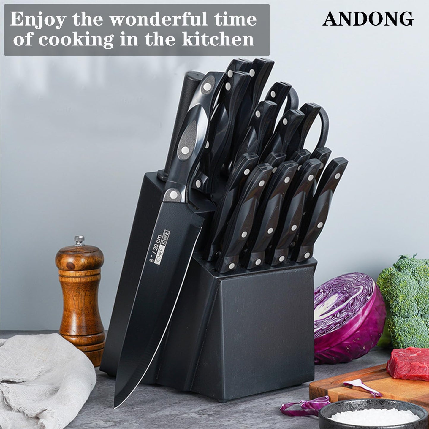 ANDONG 19-Piece Stainless Steel Kitchen Knife Set with Wooden Block & Sharpener - Chef Knives, Dishwasher Safe, Ergonomic Anti-slip Handle for Home Cooking,Black
