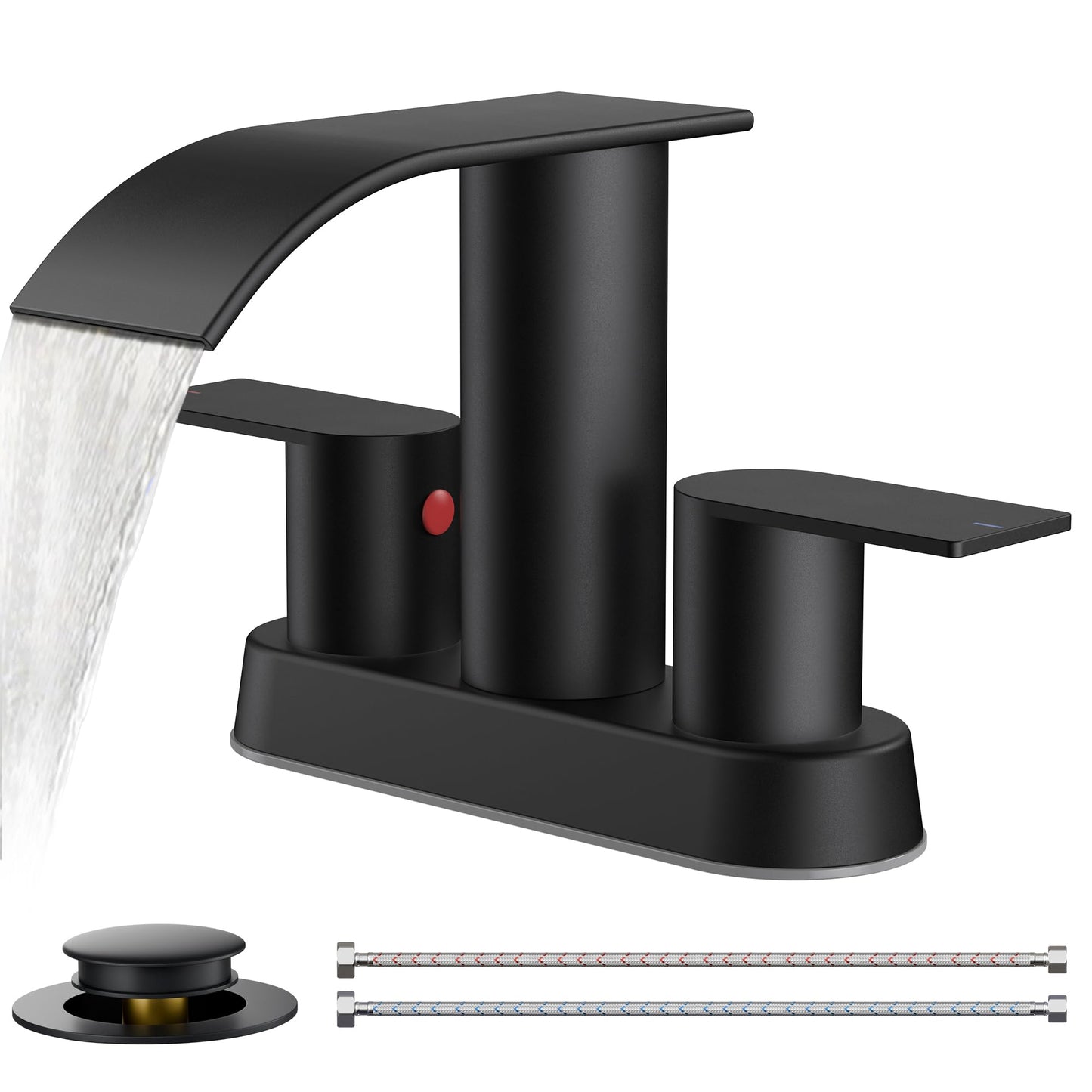 FORIOUS Matte Black Bathroom Sink Faucet, Waterfall 4 Inch Centerset Bathroom Faucets with Metal Pop up Drain and cUPC Hose for Basin,Vanity, Rv, Lavatory 2 or 3 Hole Sink
