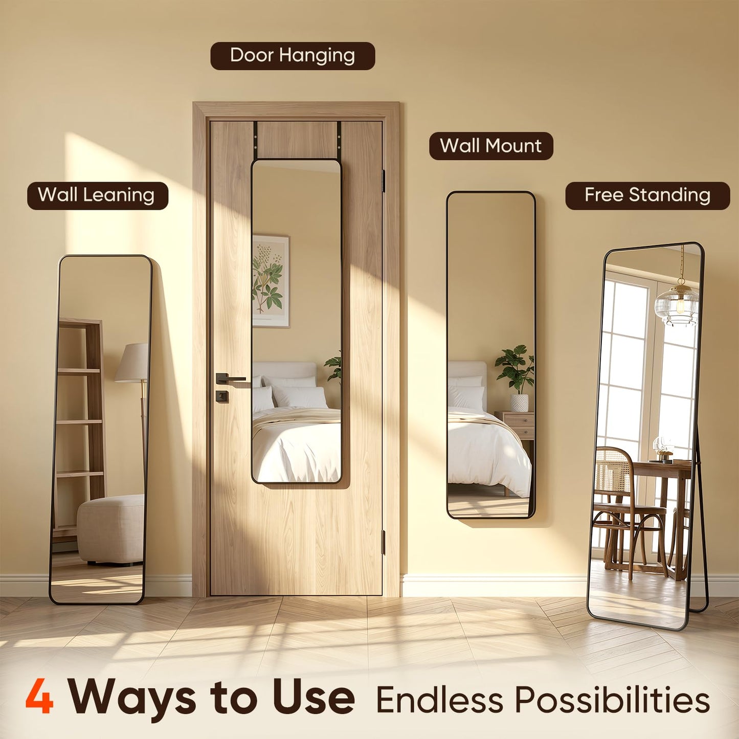 Antok 48"x14" Over the Door Mirror, Full Length Mirror Door Hanging with Aluminum Metal Frame, Rectangle Wall Mounted Body Mirrors for Bedroom, No-Drill Space Saving Dressing Mirrors, Black
