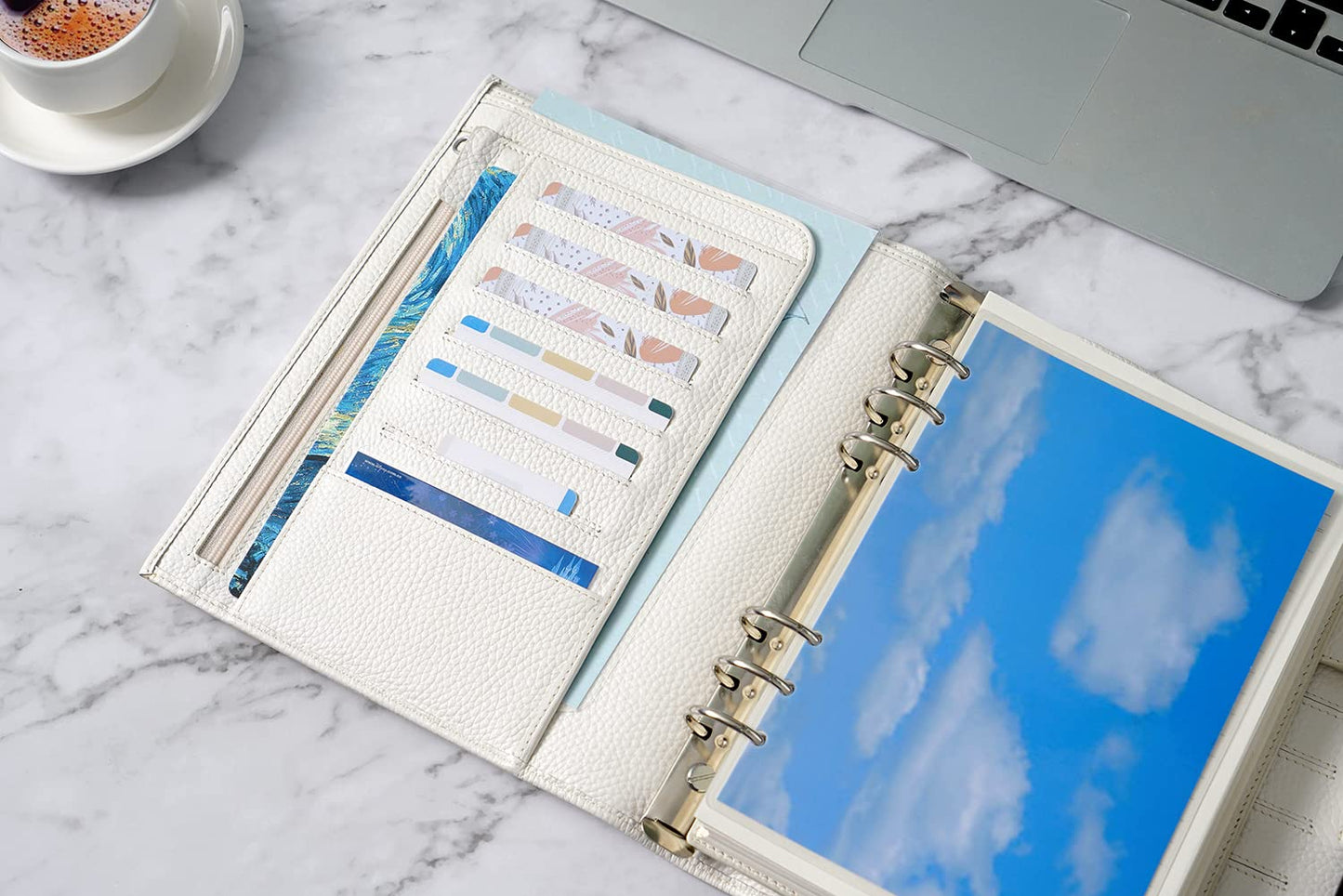 Moterm A5 Luxe Rings Planner - Genuine Leather Binder Organizer (30mm Ring, Pebbled-Cream)