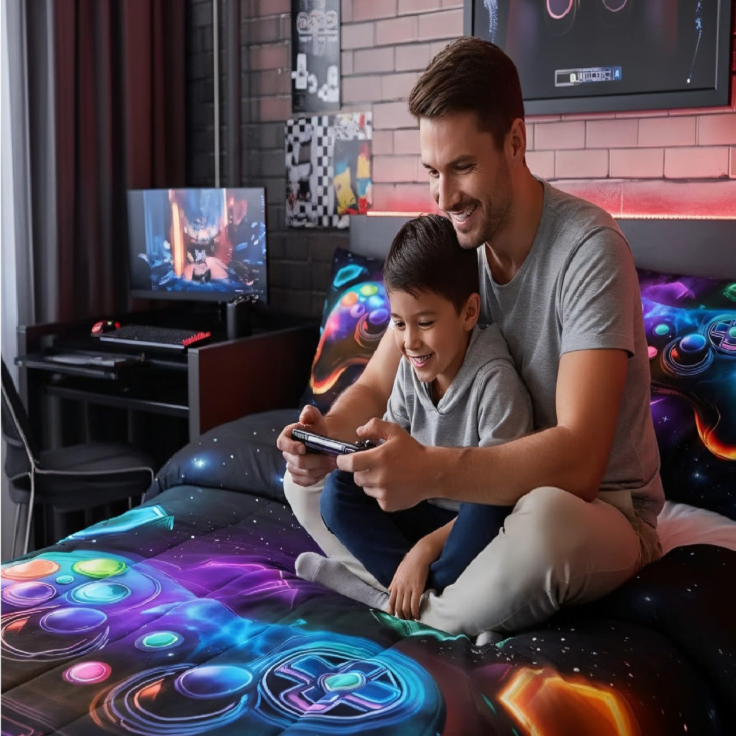 Erosebridal Game Consoles Boys Comforter Sets Twin Gamer Gifts,Gamer Twin Bedding Sets for Boys Space Glow Geometric Kids Comforter Set Red Green Blue Teal,Gaming Room Decor
