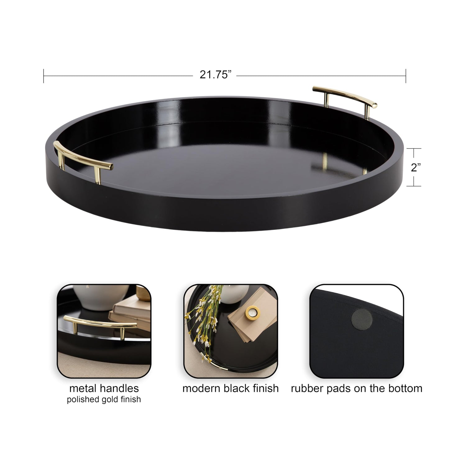 Kate and Laurel Lipton Circle Coffee Table Living Room Decor or Large Serving Tray, 22" Diameter, Black/Gold