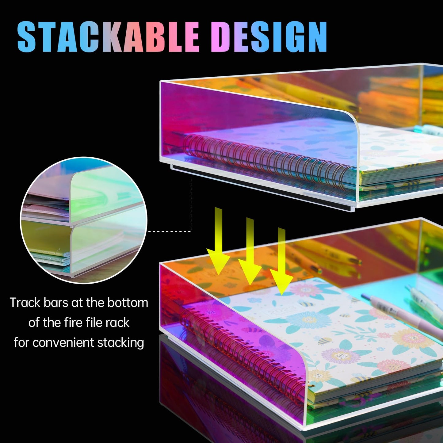 NiOffice Acrylic Letter Tray 2-Tier Iridescent Stackable Desk Paper Tray Organizer and Office Accessories Supplies, Rainbow Letter Size Desk Accessories Storage Organization (Portrait)