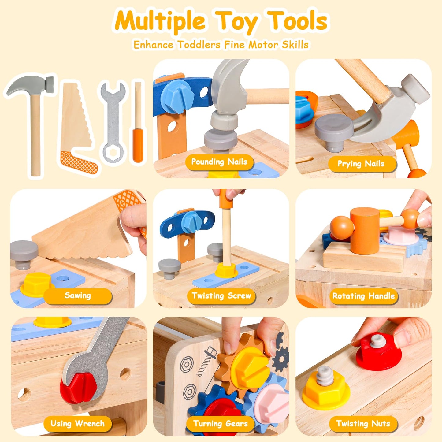 TONZE Kids Tool Set with Apron Wooden Toddler Tool Bench Box Montessori Toys for 2 3 4 Year Old Boys Girls Educational STEM Building Toys Pretend Play Toddler Toys 3 to 5 Years Old Birthday Gift
