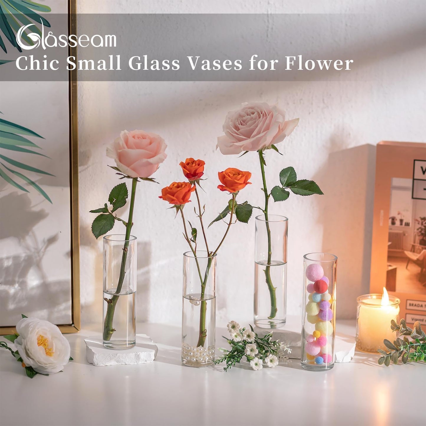 Cylinder Bud Vases in Bulk 24: Glasseam Small Clear Glass Vases for Centerpieces Wedding Table Decor, 5.9In Modern Clear Home Decor for Flowers Single Stem Roses Tulips